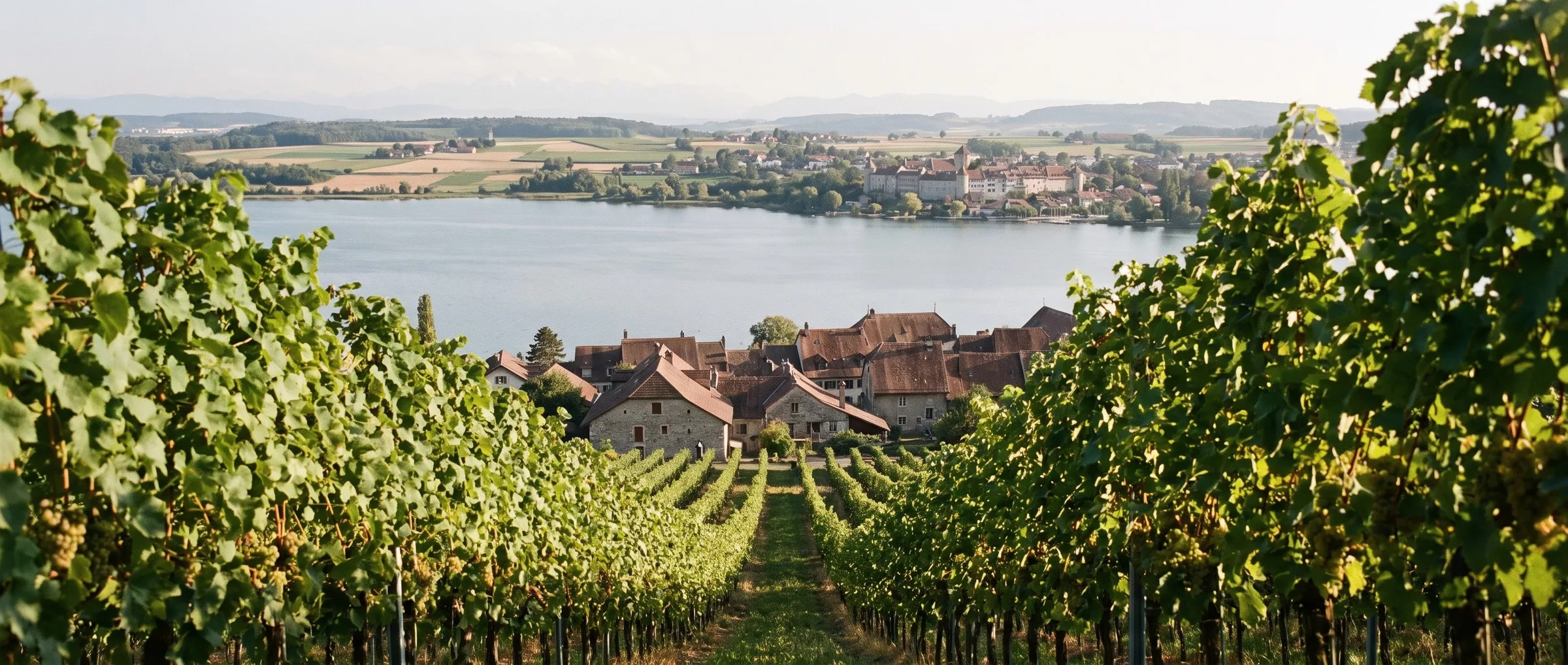 Vignes de la face sud du mont Vully descendant vers le lac de Morat, village vigneron au bord de l’eau et ville de Morat de l’autre côté du lac