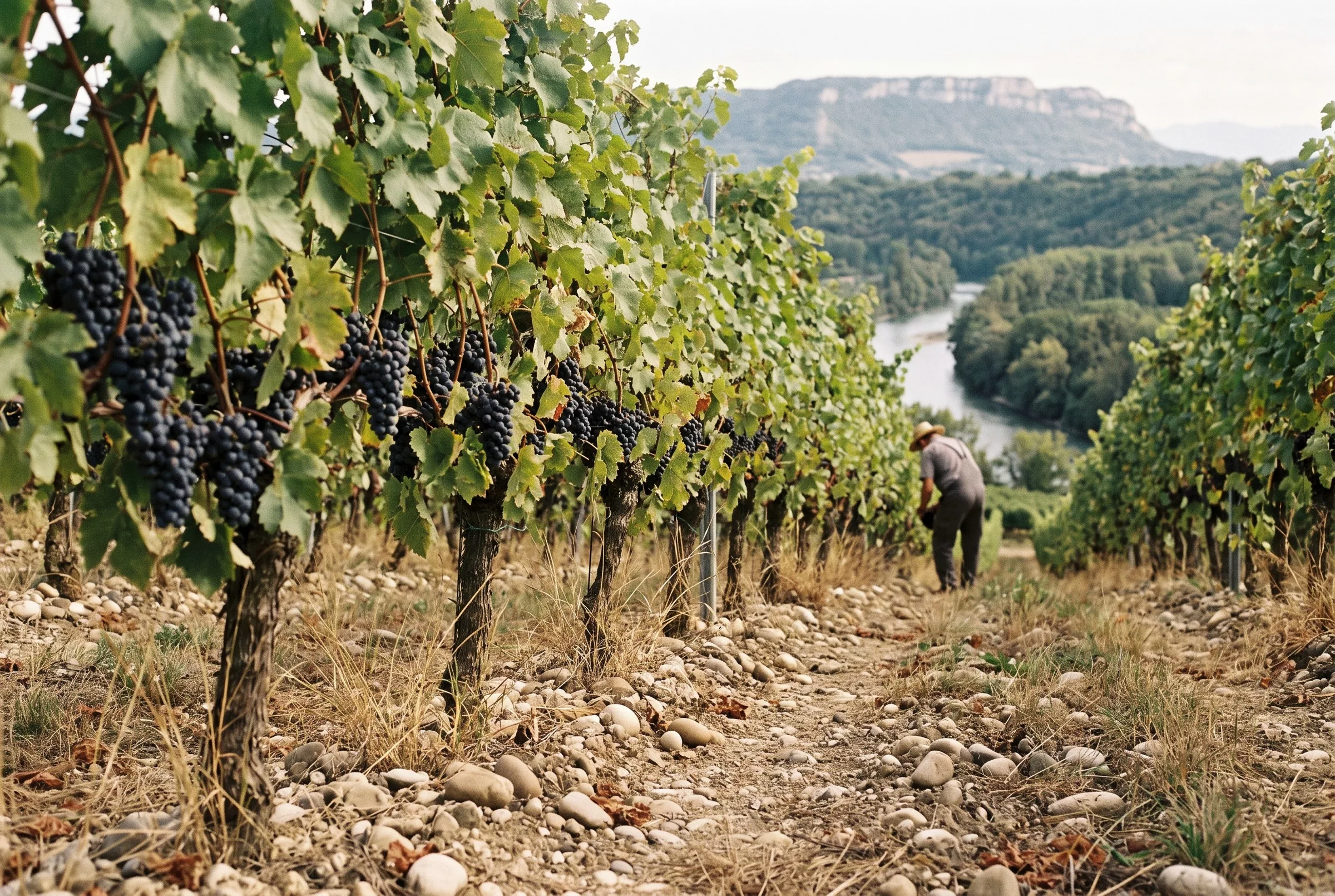 Rangs de gamay sur un sol de graviers dans le Mandement genevois, le Rhône et le Salève en arrière-plan