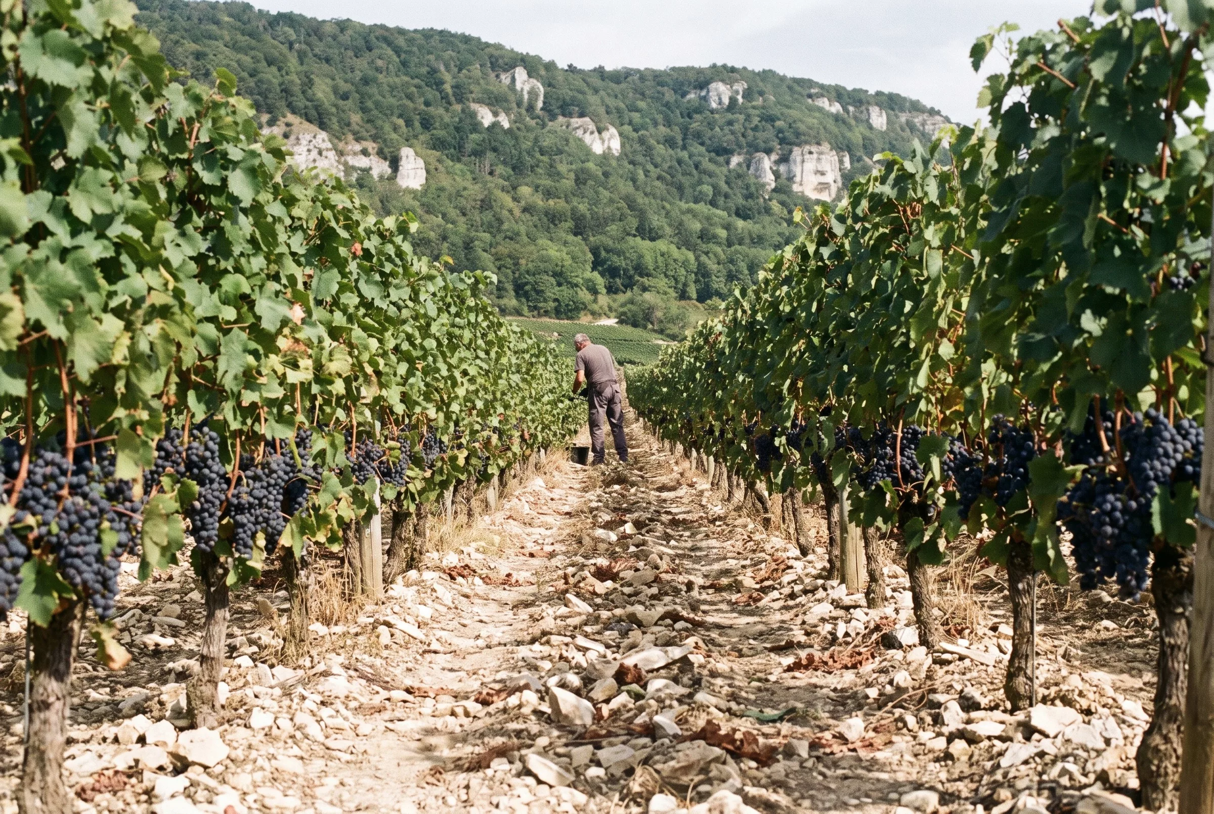 Rangs de pinot noir sur un sol calcaire pierreux près de Cressier, les falaises du Jura en arrière-plan