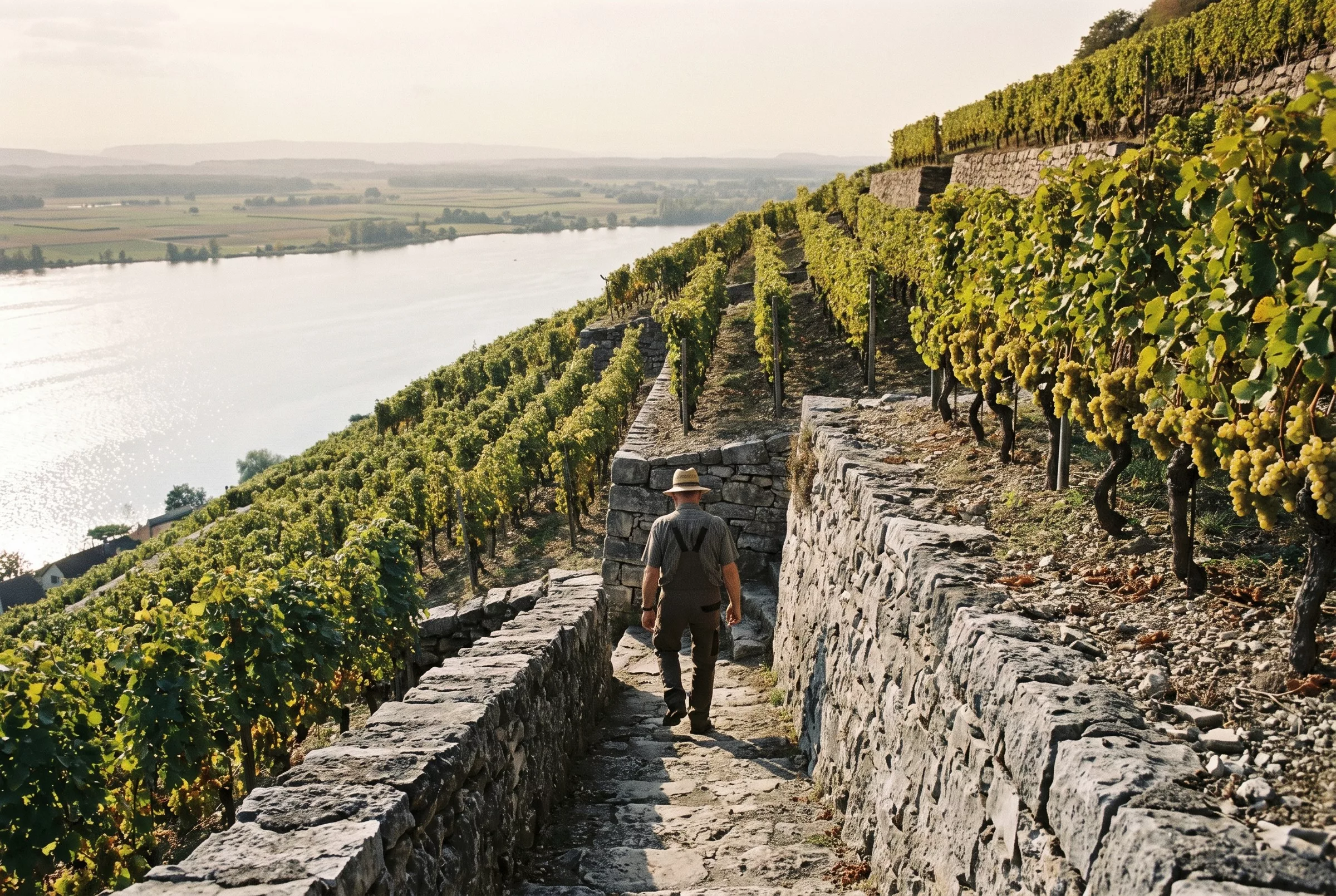 Escalier de pierre entre des terrasses de chasselas au-dessus du lac de Bienne, rive plate en face