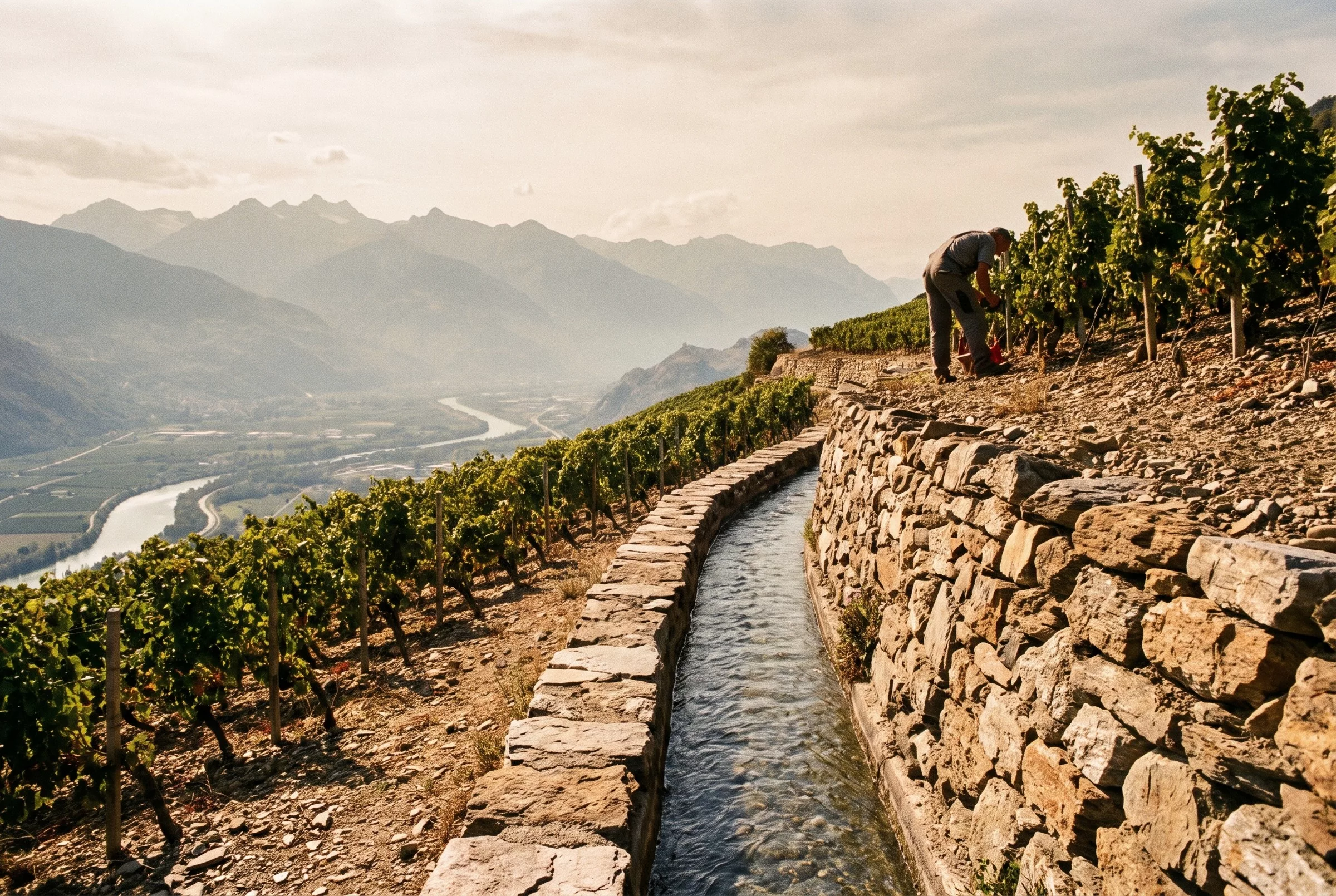 Un bisse longeant un mur de pierre sèche entre les vignes du Valais, la plaine du Rhône en contrebas