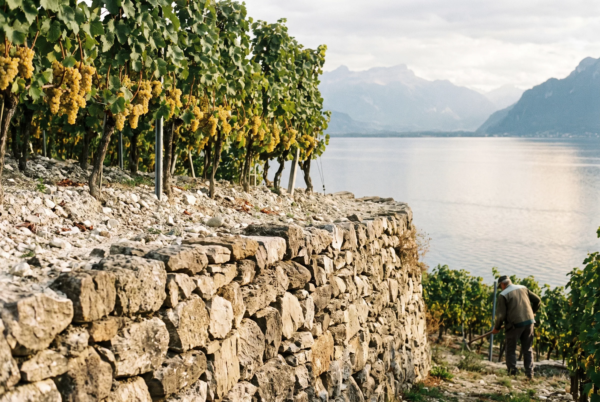 Mur de pierre sèche et rangs de chasselas à Lavaux, le Léman et les Alpes en contrebas