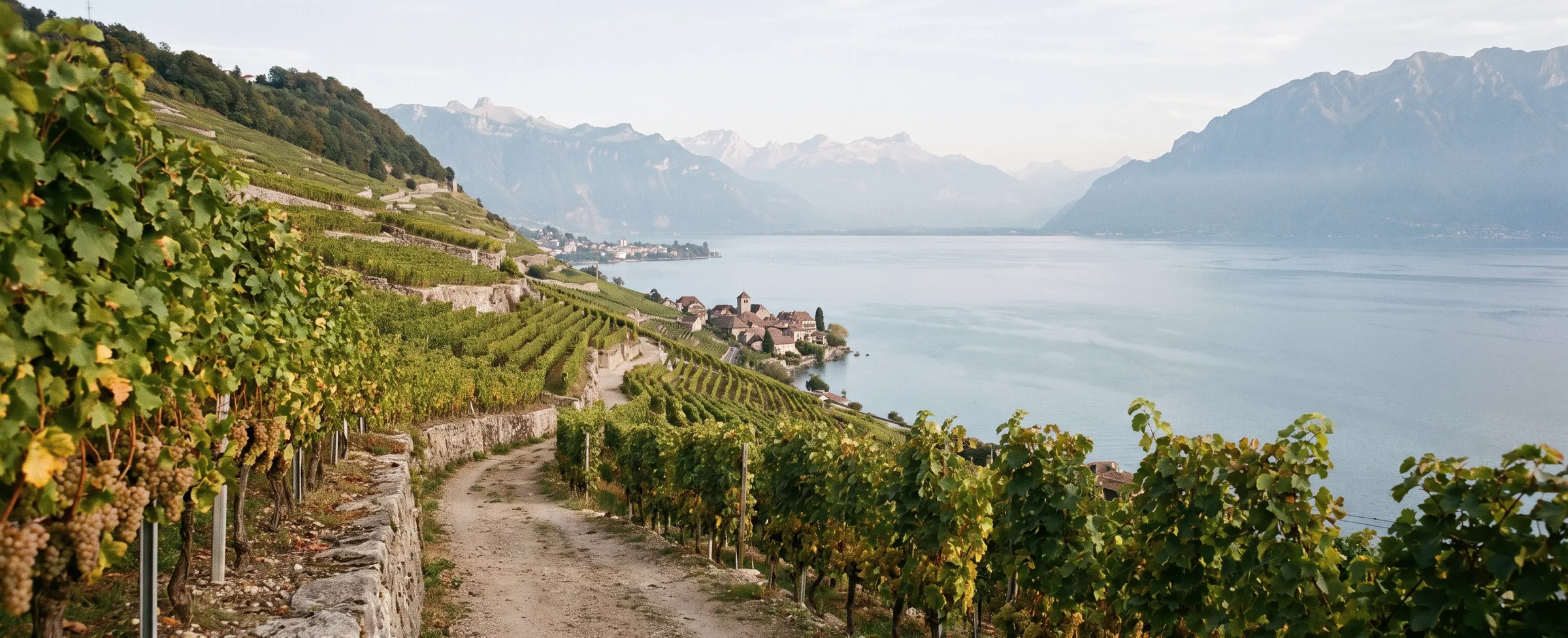 Terrasses de vignes de Lavaux descendant vers le Léman, village au bord du lac et Alpes en arrière-plan