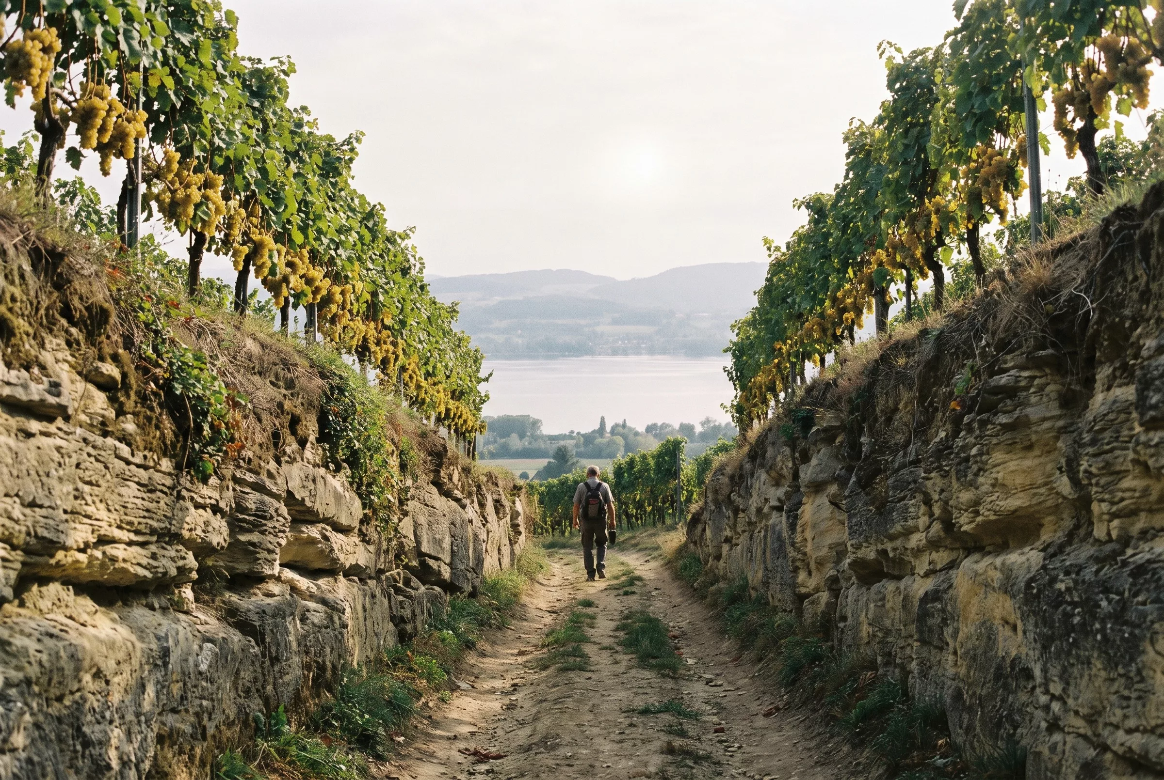 Rangs de vignes sur la molasse du mont Vully, chemin creusé dans le grès et lac de Morat en contrebas
