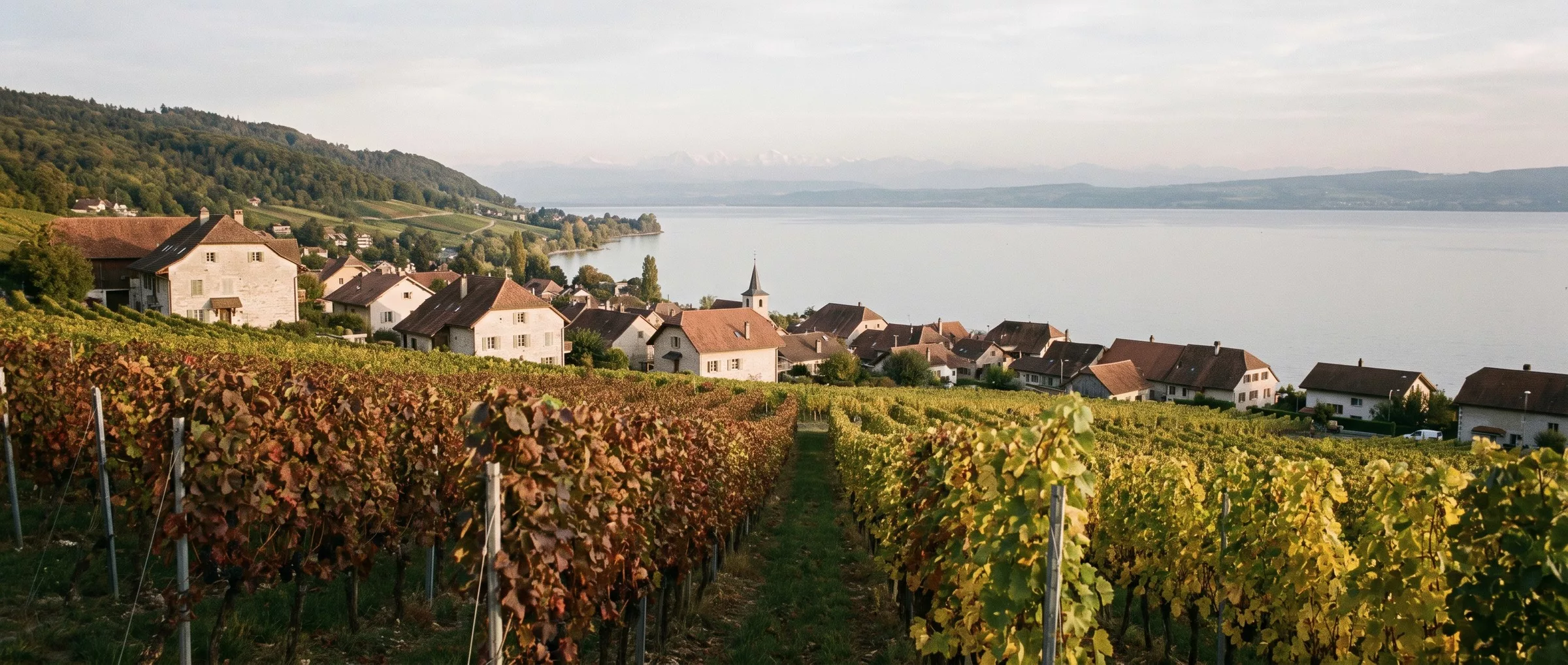 Vignes d’Auvernier descendant vers le lac de Neuchâtel, village vigneron et Jura en arrière-plan