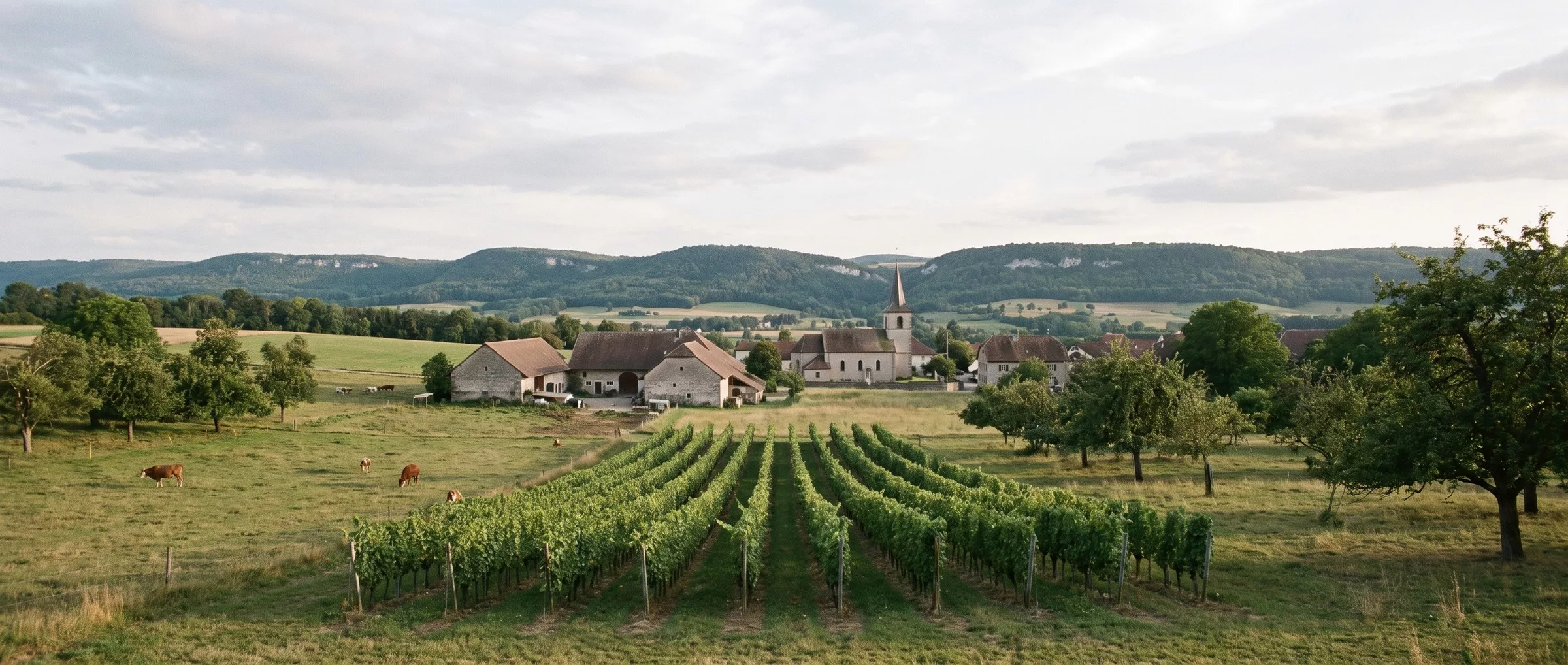 Petit vignoble en pente douce près d’Alle, en Ajoie, entouré de pâturages et de haies, collines boisées du Jura à l’horizon