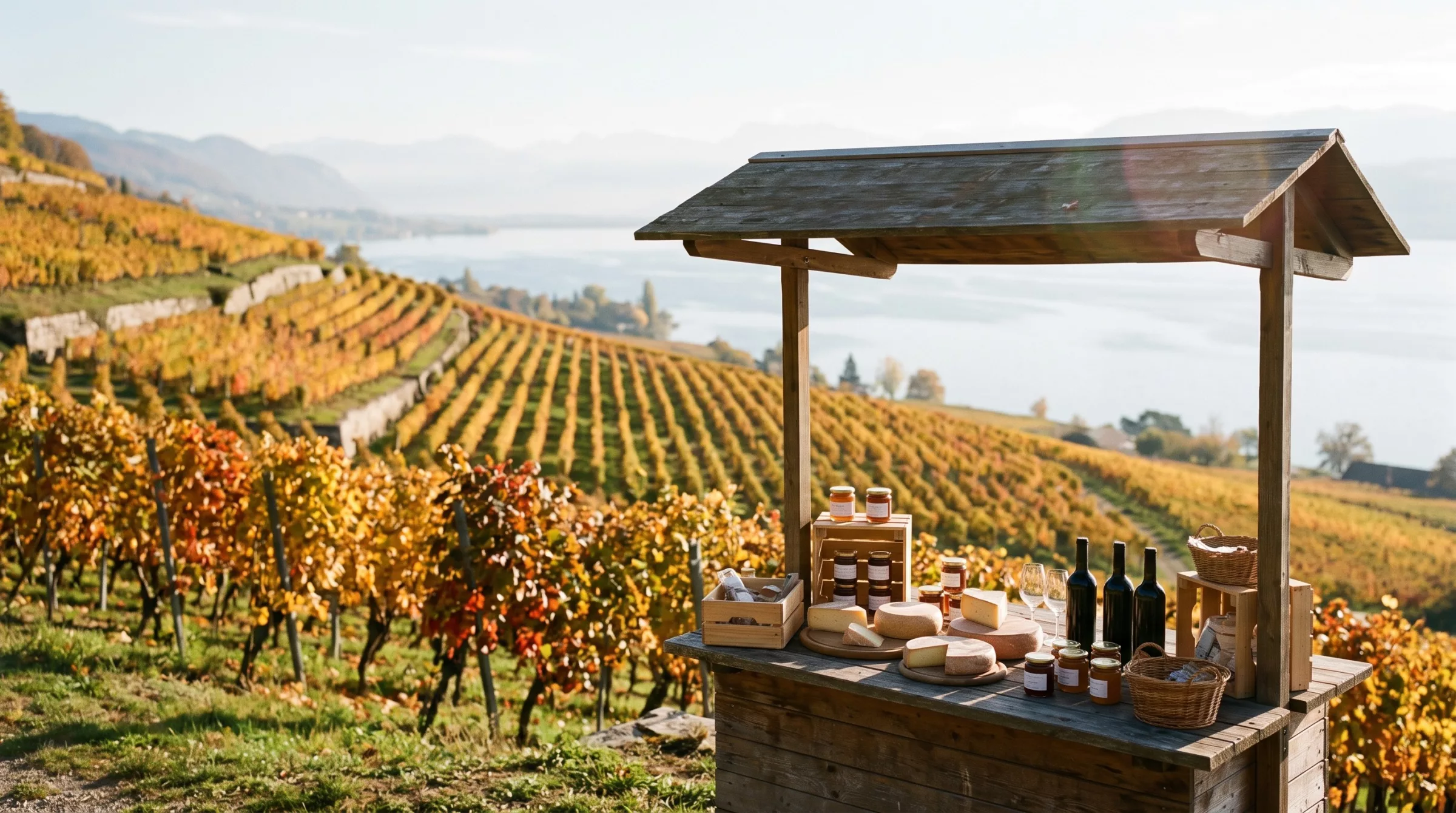 Stand de produits du terroir au milieu des vignes neuchâteloises, avec le lac et les Alpes au loin