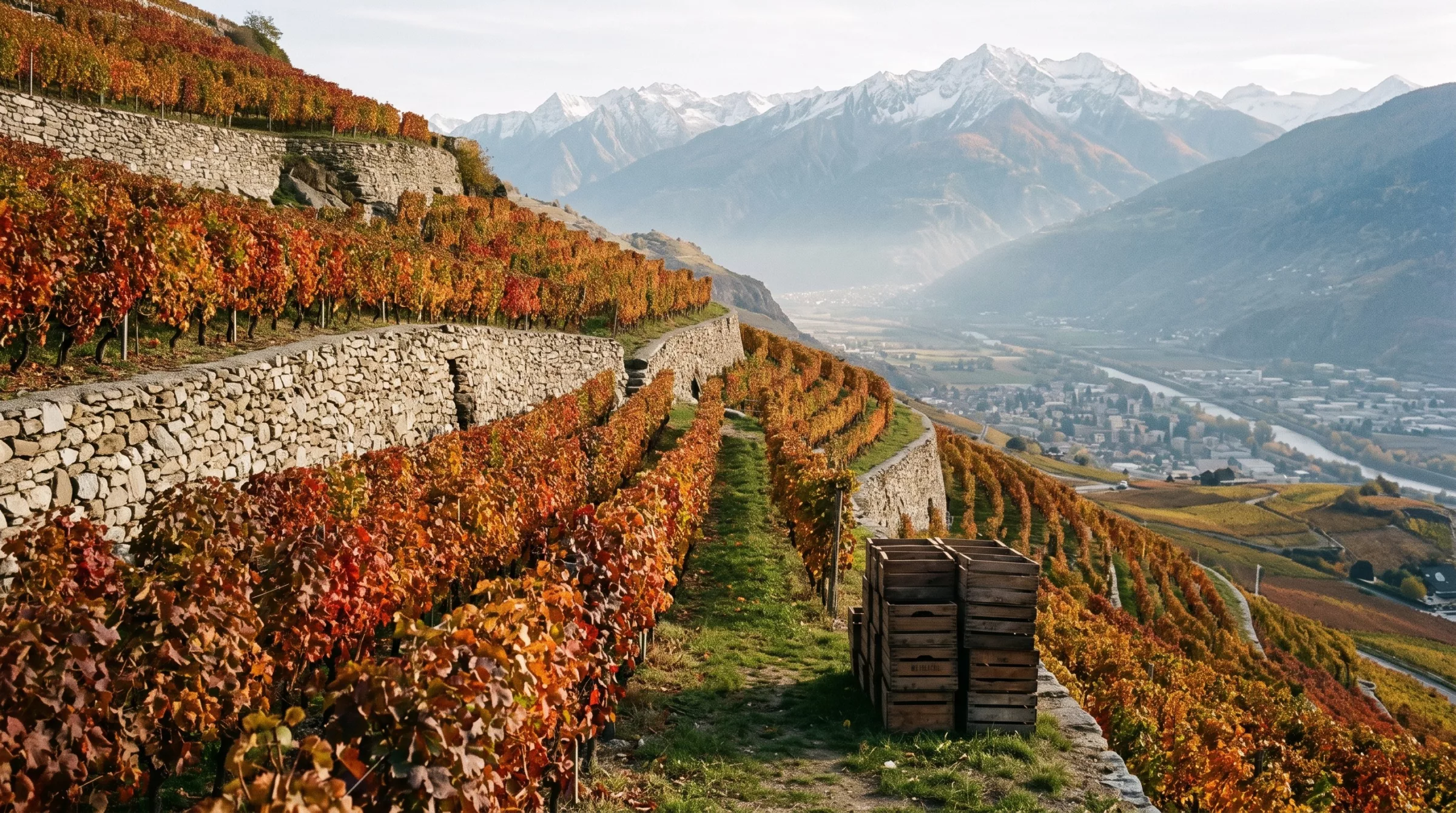 Vignes en couleurs d'automne au-dessus de Sierre, avec la vallée du Rhône et les Alpes valaisannes