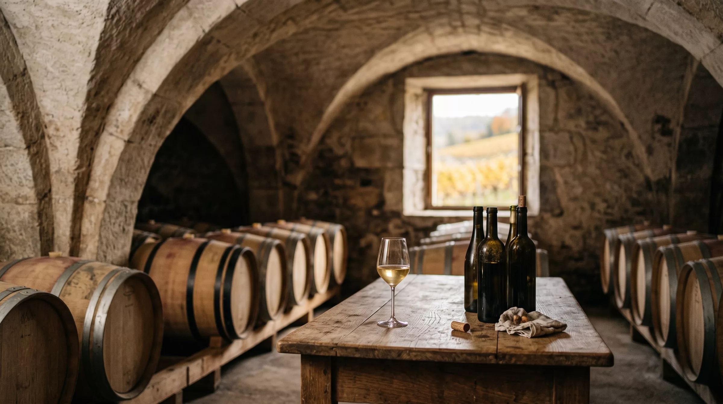 Cave voûtée en pierre avec fûts de chêne, bouteilles et verre de vin blanc
