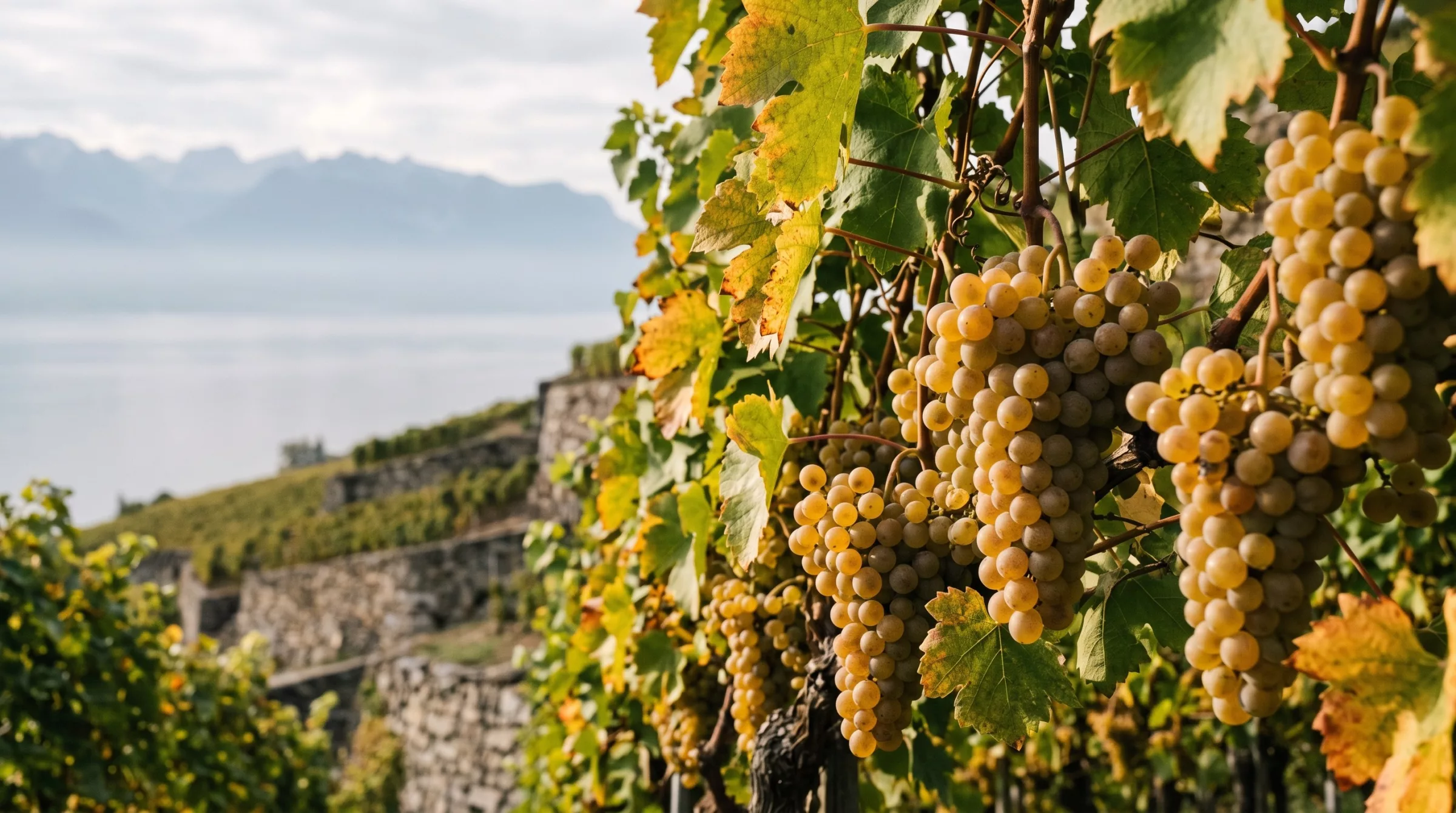 Grappes de chasselas sur les terrasses de Lavaux, avec le lac Léman et les Alpes en arrière-plan