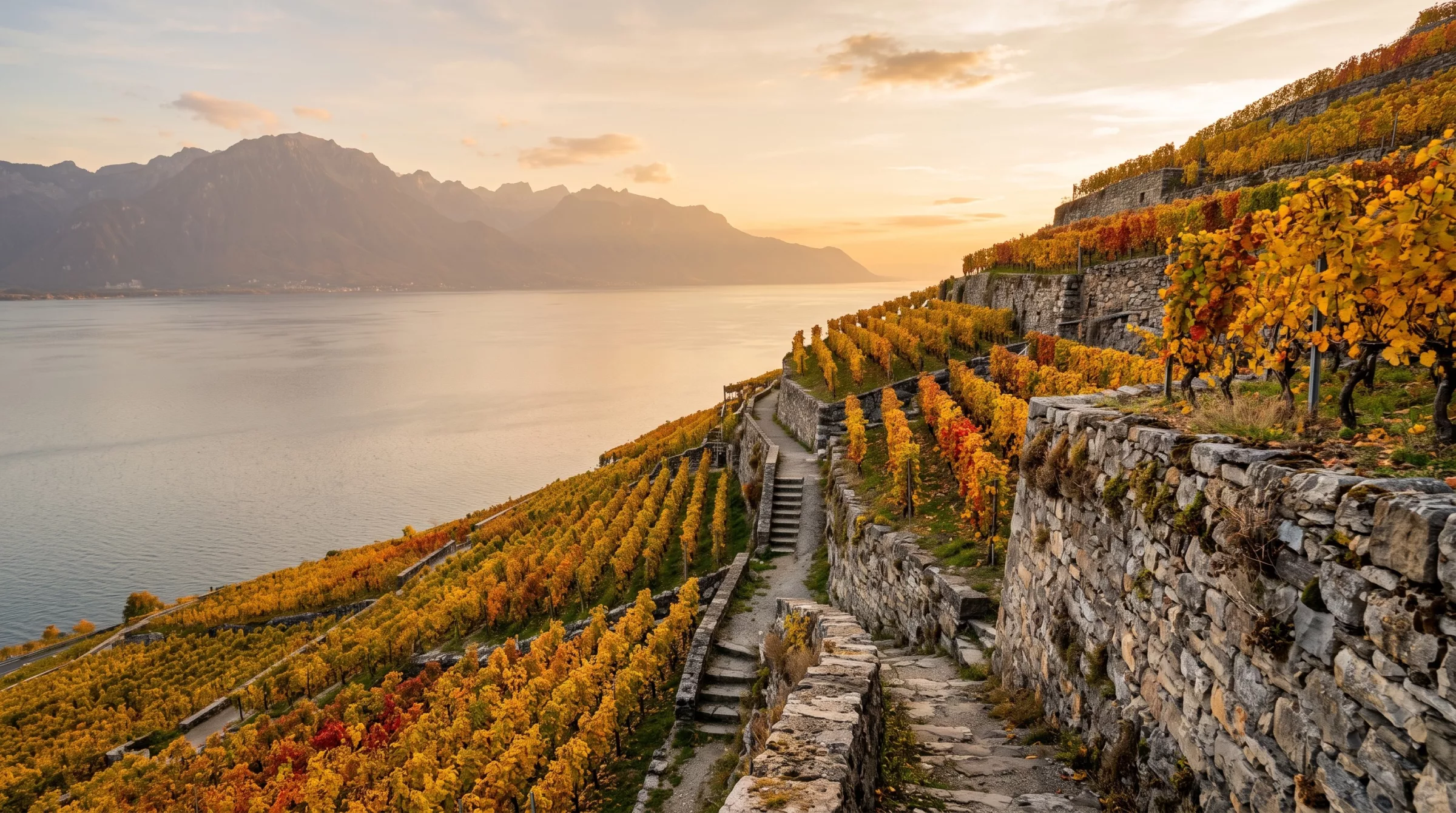 Terrasses du Dézaley en automne, murs de pierre sèche, lac Léman et Alpes de Savoie