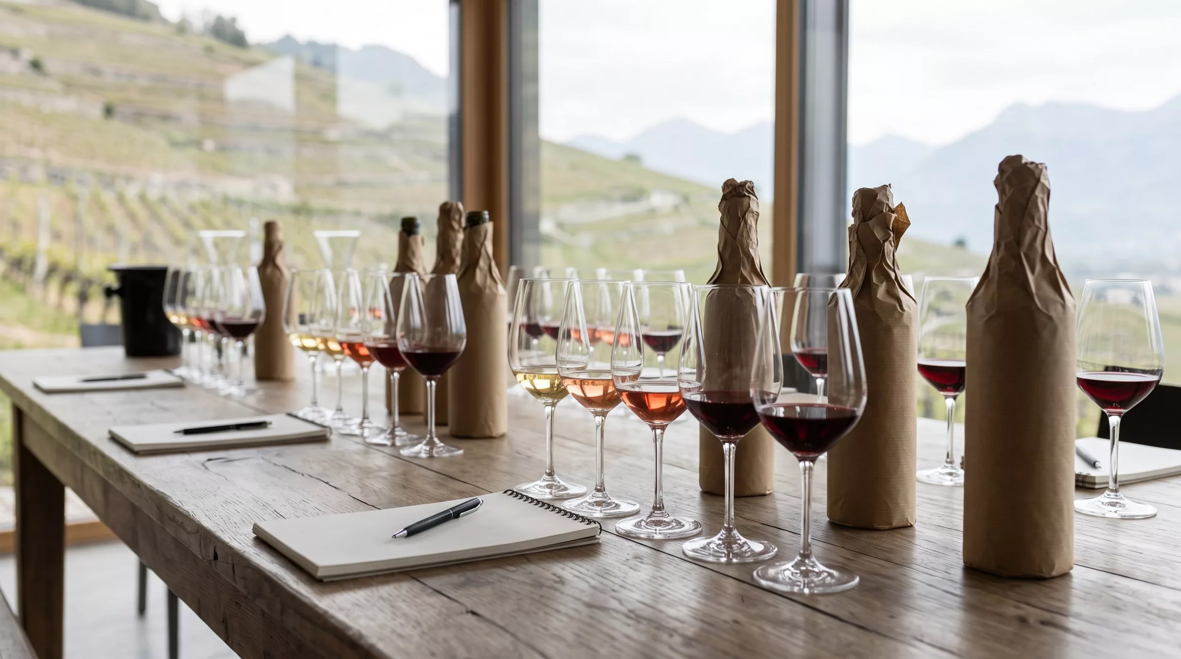 Verres de dégustation de vins blancs, rosés et rouges alignés lors d'un concours de vins, avec un vignoble en arrière-plan