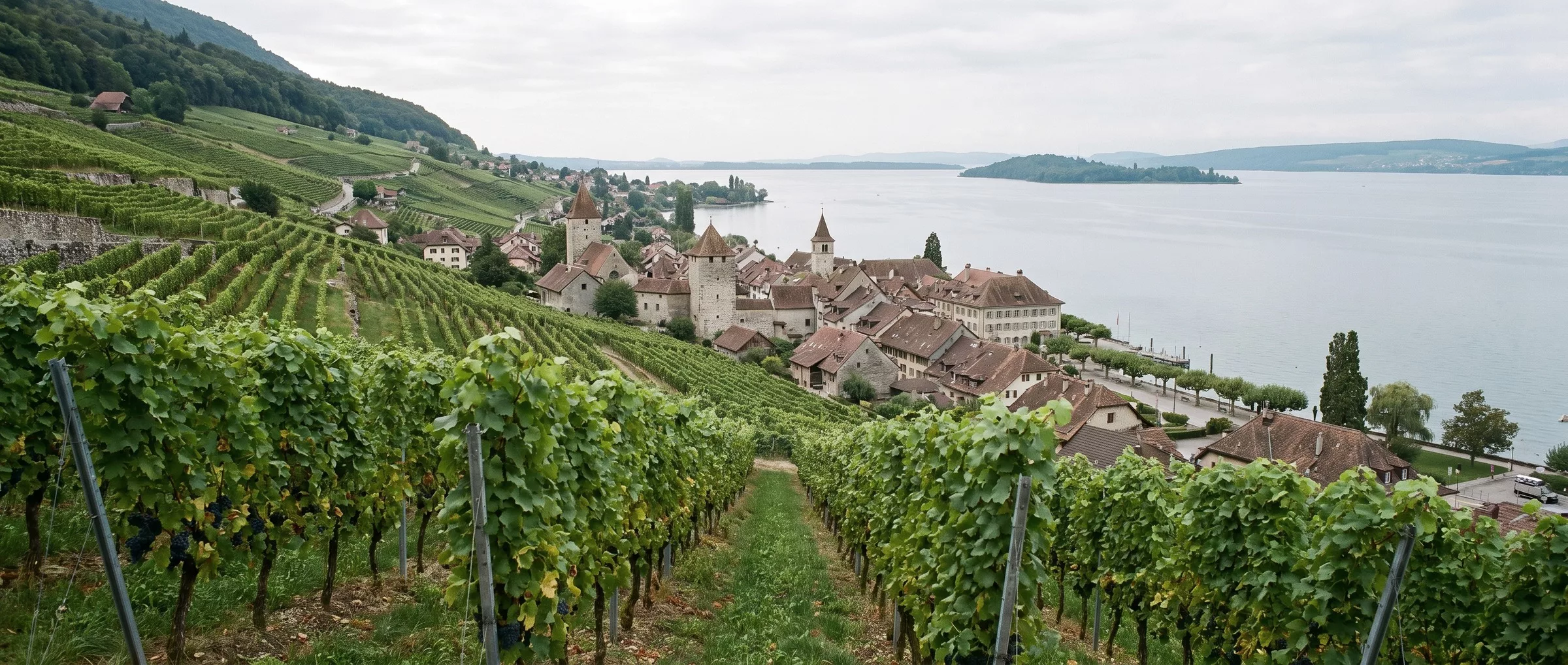La vieille ville de La Neuveville au bord du lac de Bienne, vue depuis les vignes, l’île Saint-Pierre au large