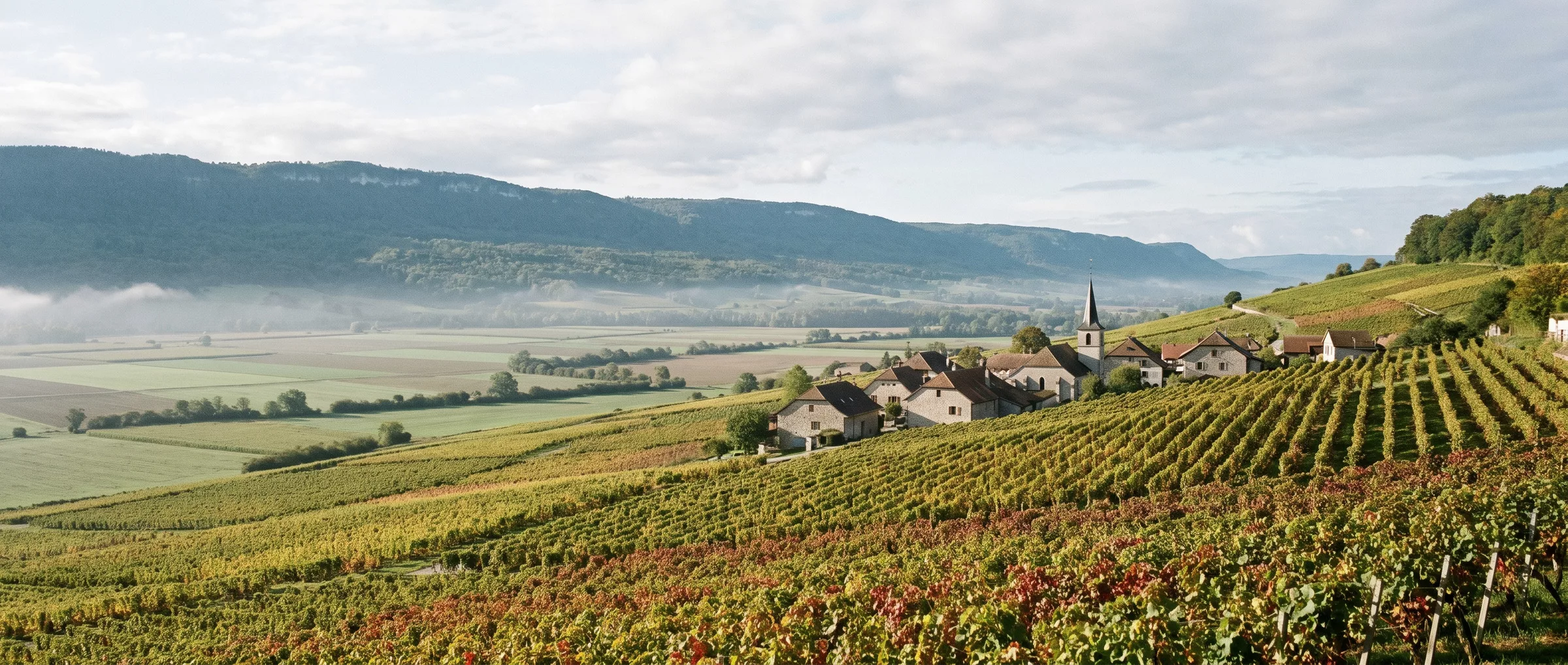 Collines de vignes des Côtes de l’Orbe, plaine dans la brume et crête du Jura au fond