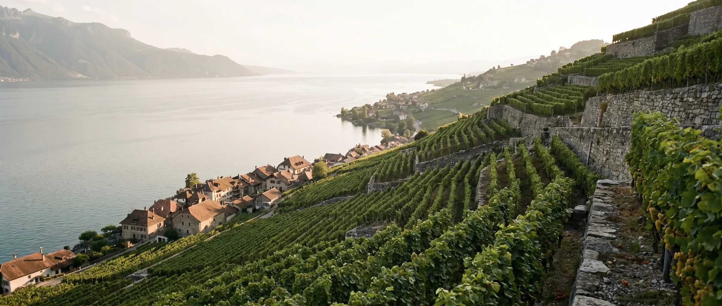 Les terrasses du Dézaley au-dessus de Rivaz, murs de pierre sèche descendant vers le Léman, Épesses et Cully au loin