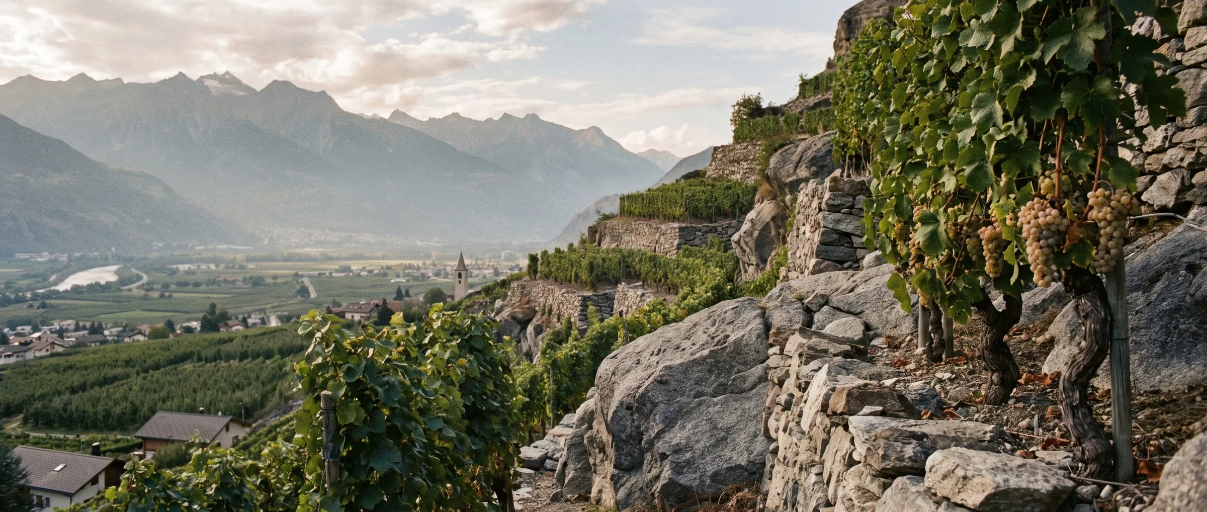 Terrasses de vignes sur les granits de Fully, le coude du Rhône à Martigny et les Alpes en arrière-plan