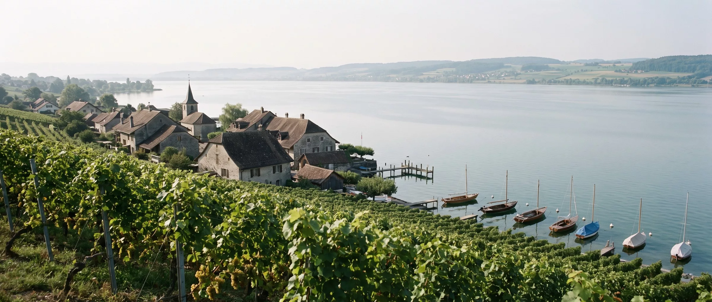Les villages de Praz et Môtier au pied des vignes du mont Vully, sur la rive du lac de Morat
