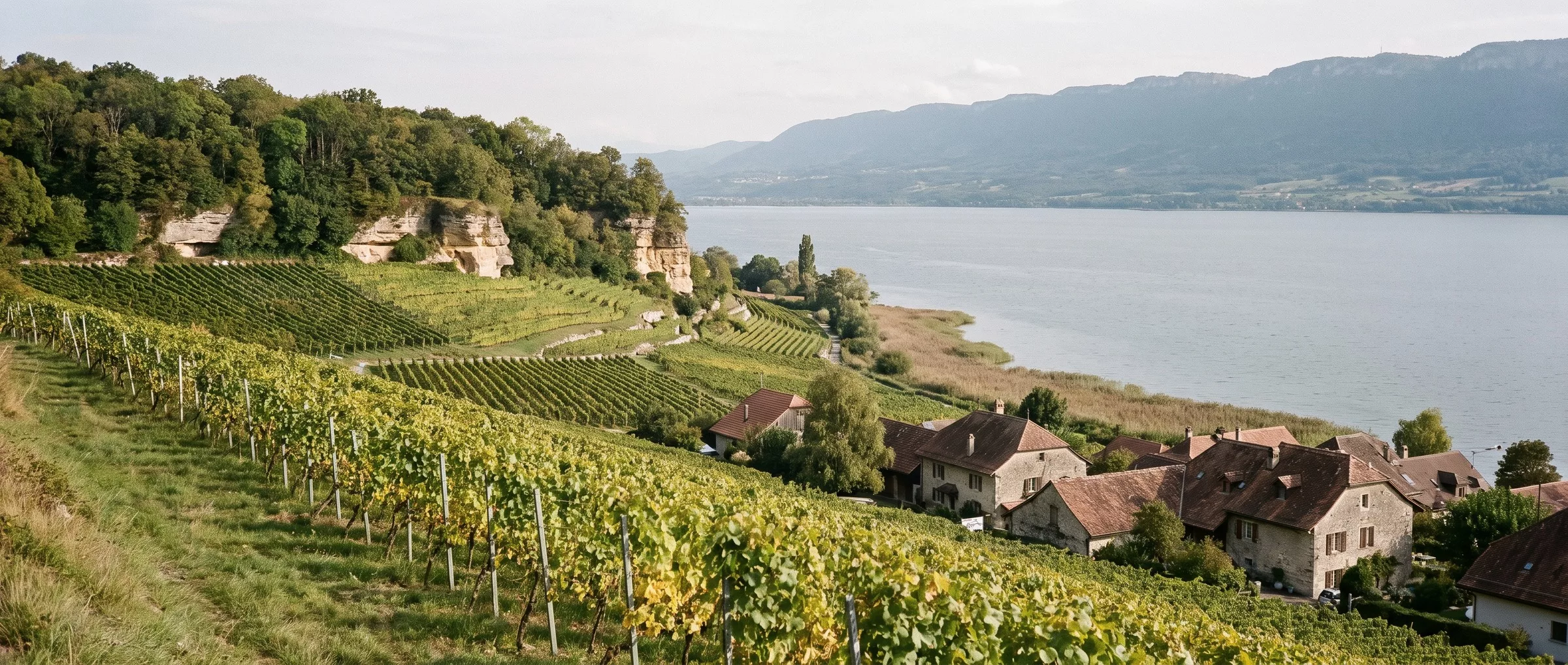 Vignes de Cheyres au-dessus de la rive sud du lac de Neuchâtel, falaises de molasse derrière et Jura de l’autre côté du lac