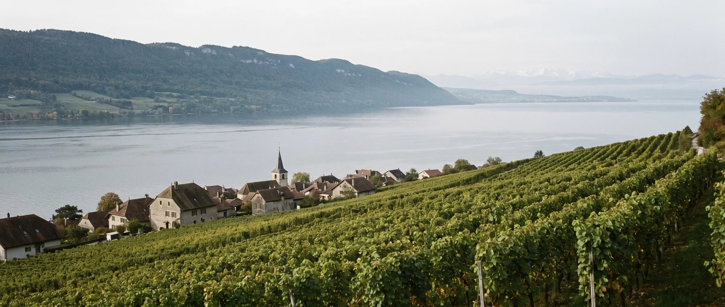 Vignes de la Béroche au-dessus du lac de Neuchâtel, vers Saint-Aubin, le Jura derrière et les Alpes au loin