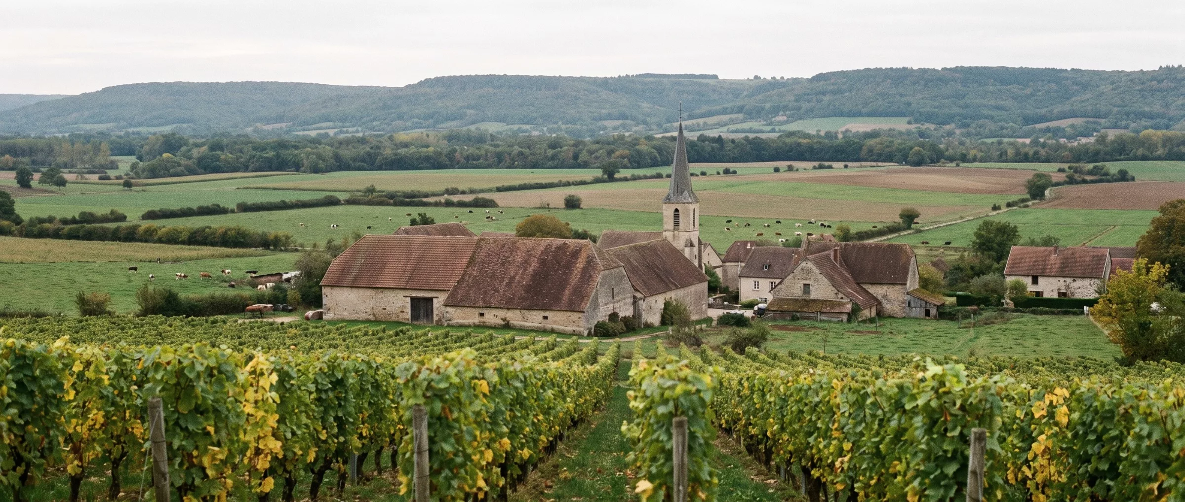 Le village d’Alle en Ajoie vu depuis une vigne, fermes de pierre, pâturages et crêtes boisées du Jura
