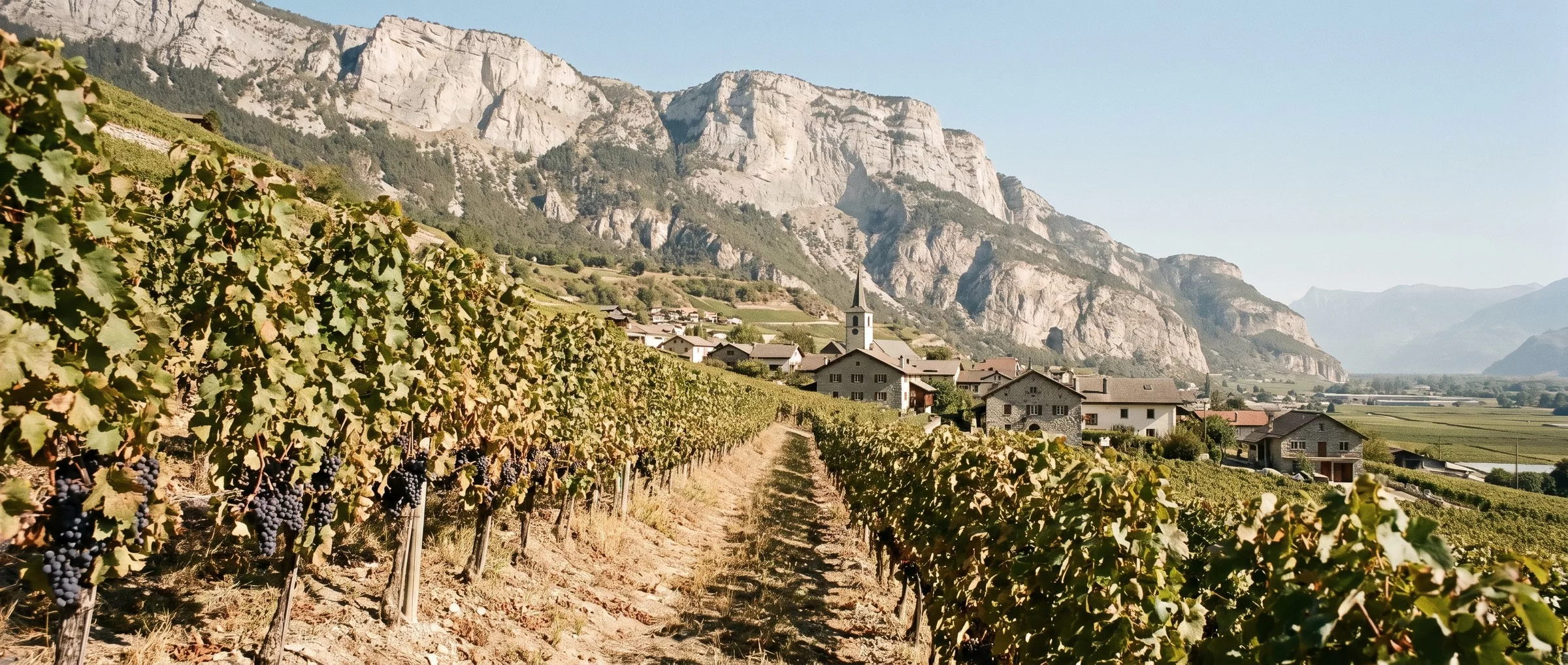 Vignes de Chamoson au pied des falaises du Haut de Cry, village et plaine du Rhône