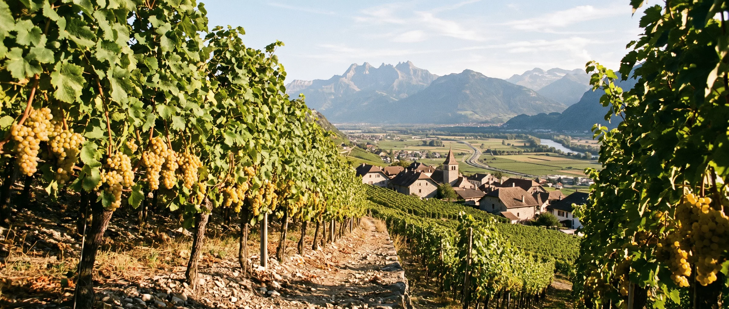 Rangs de chasselas au-dessus d’Yvorne, plaine du Rhône et Dents du Midi en arrière-plan