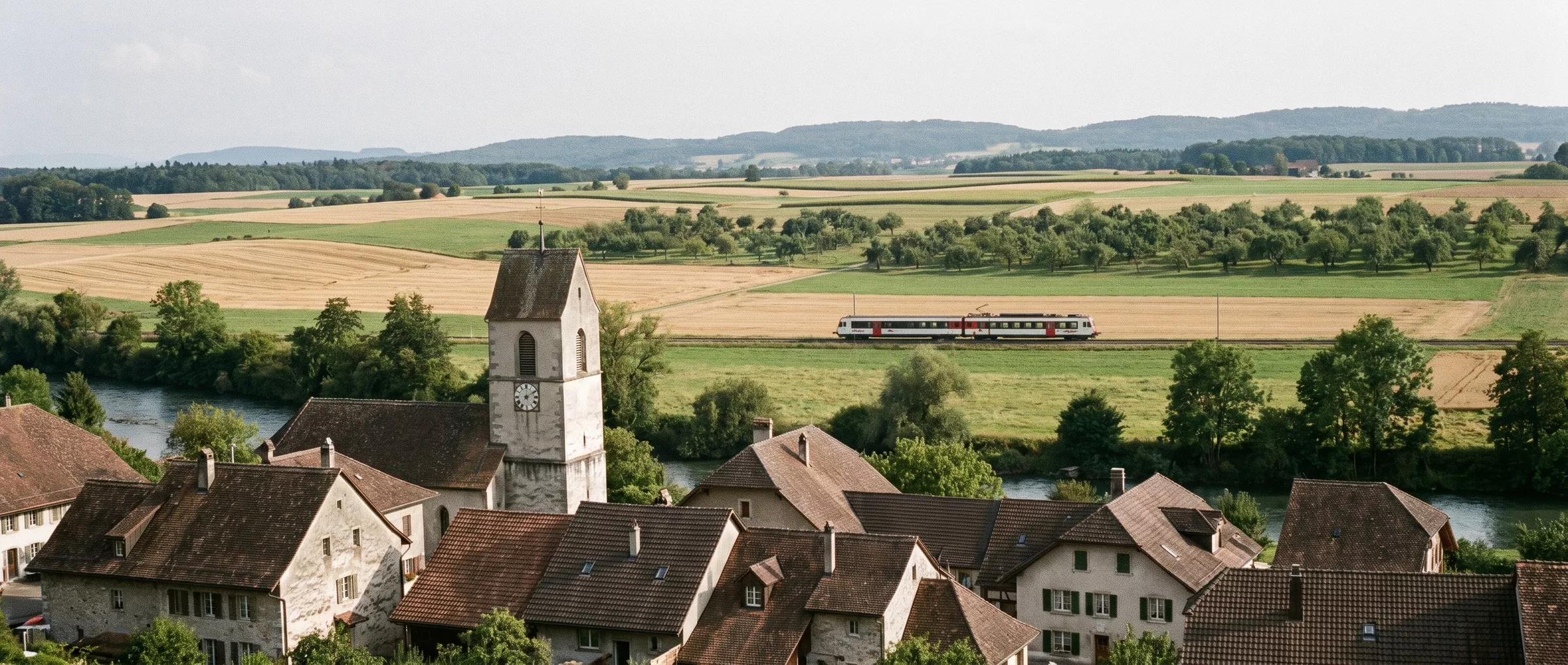 Le village d’Alle en Ajoie, maisons anciennes le long de l’Allaine et clocher, plateau de prés, de vergers et de champs autour, collines boisées à l’horizon, mi-septembre.