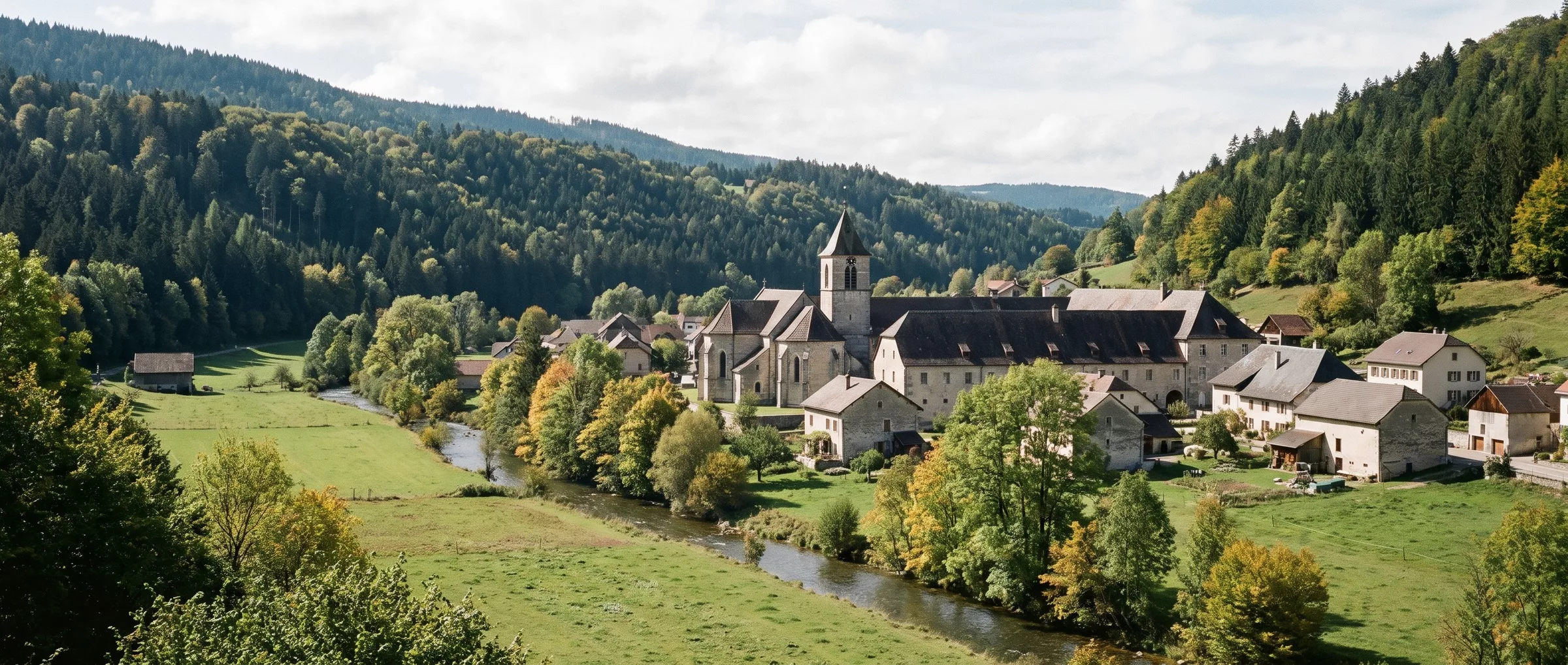 Le village de Môtiers et les bâtiments de l’ancien prieuré Saint-Pierre avec son église, au fond du Val-de-Travers en septembre, entre prés et forêts du Jura, sans vignes.