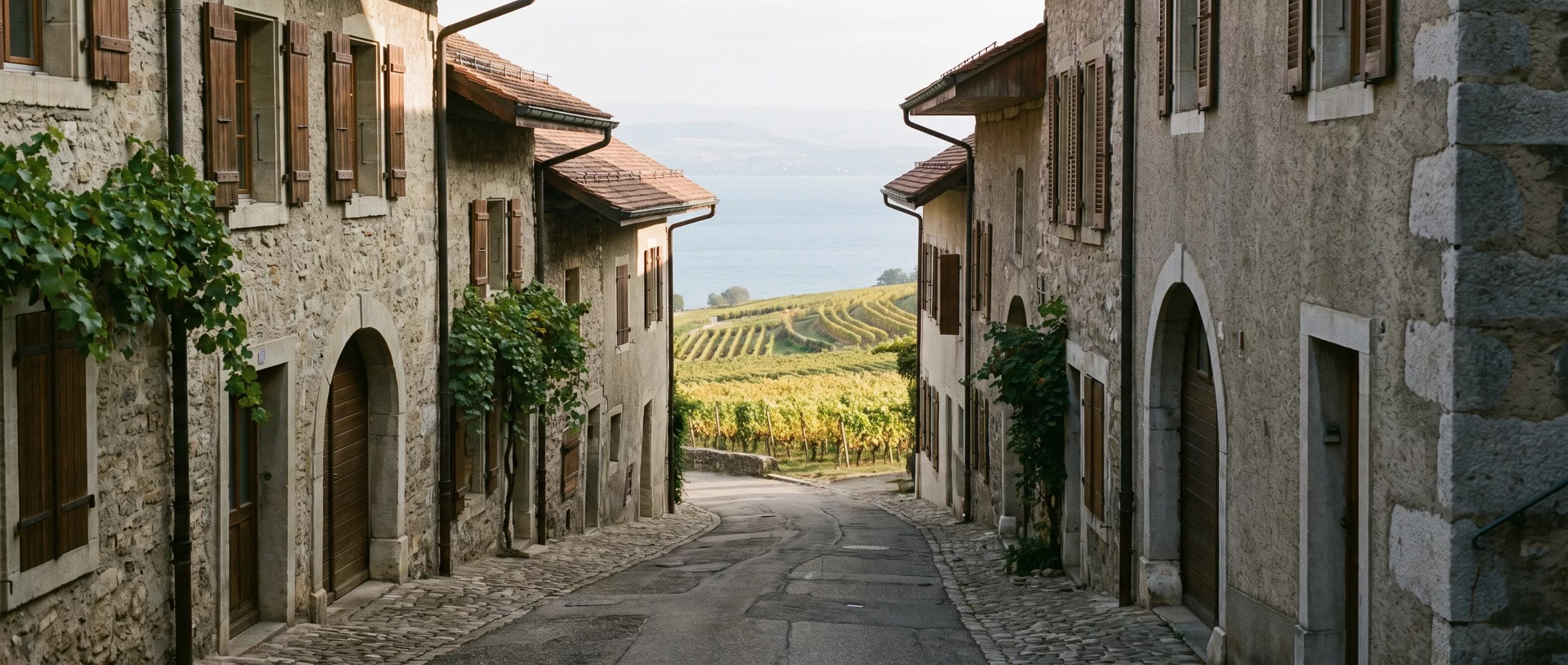 La Grand-Rue de Cormondrèche en septembre, maisons anciennes alignées le long de la rue en courbe, avec les vignes du coteau et le lac de Neuchâtel visibles au bout.
