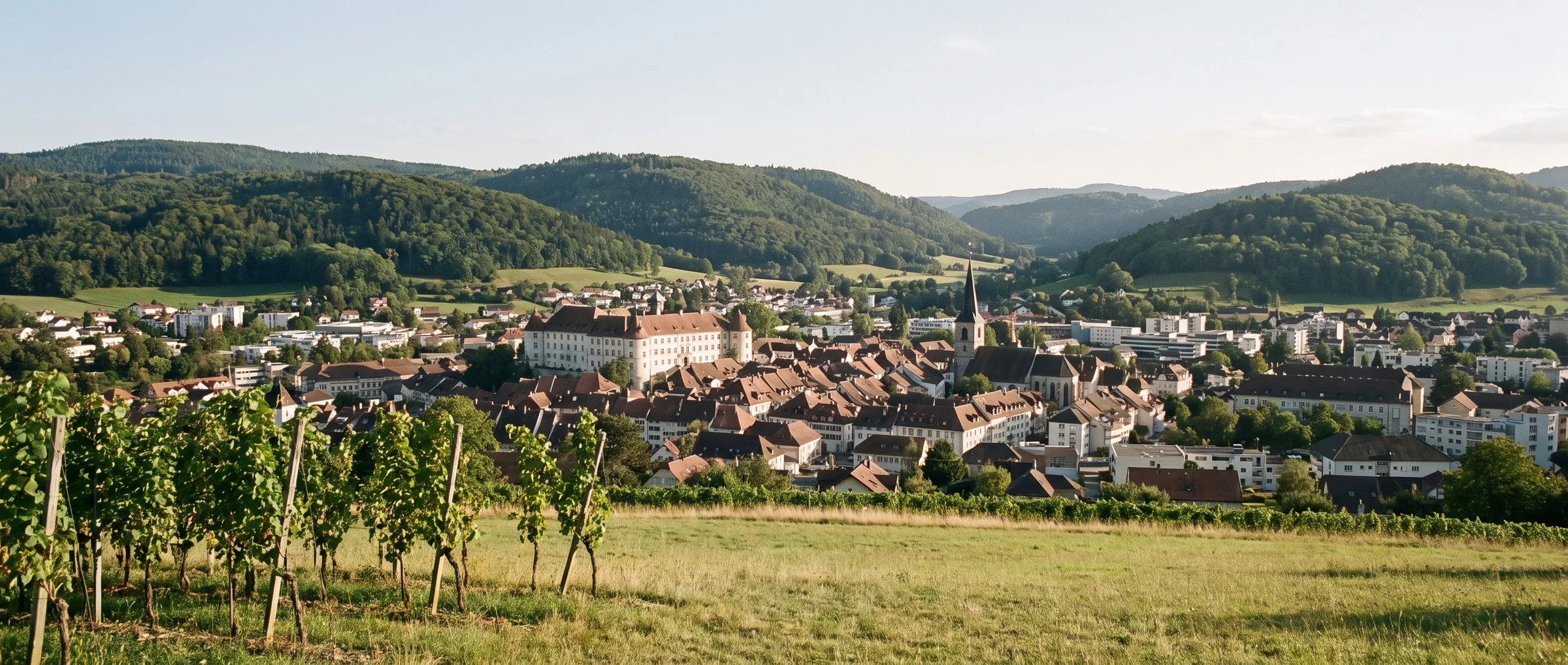 La vieille ville de Delémont et le château des princes-évêques vus depuis les hauteurs, prés et quelques rangs de vigne au premier plan, collines boisées du Jura autour, mi-septembre.