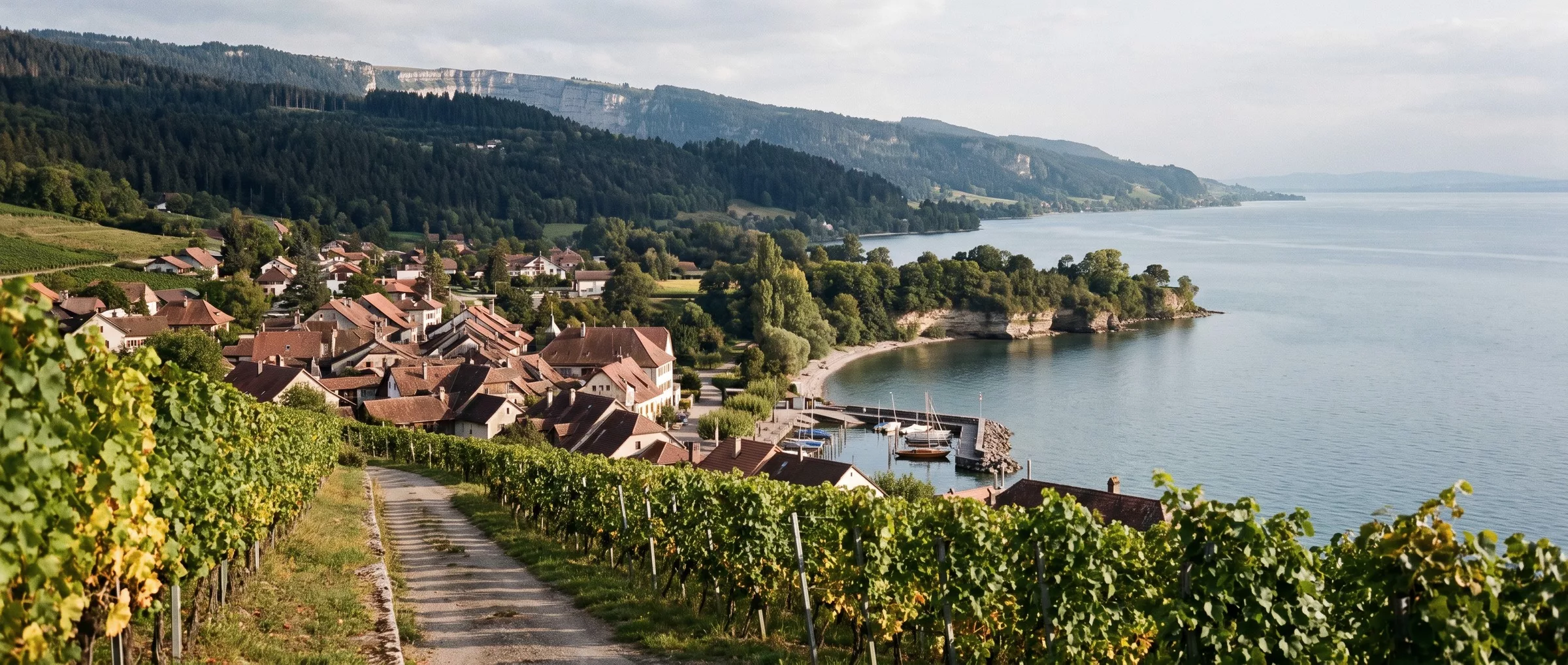 Le village de Saint-Aubin et son port sur le lac de Neuchâtel en septembre, vus depuis les vignes de la Béroche, avec les forêts du Jura qui montent vers le Creux-du-Van.