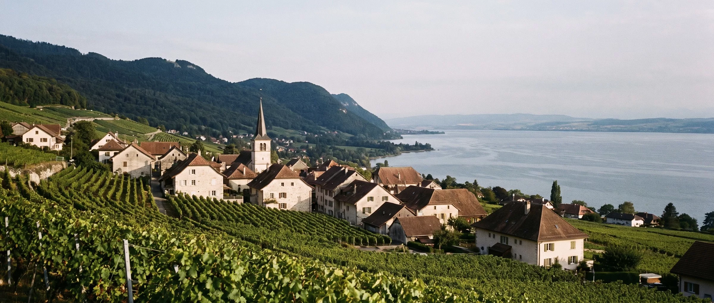 Le bourg de Boudry et son château au-dessus de l’Areuse, vignes en pente vers le lac de Neuchâtel