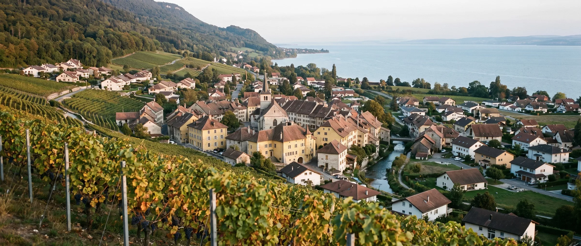 Le vieux village de Saint-Blaise en septembre, maisons de pierre jaune serrées autour du temple, vignes sur la pente au-dessus et forêt de Chaumont, le lac de Neuchâtel en contrebas.
