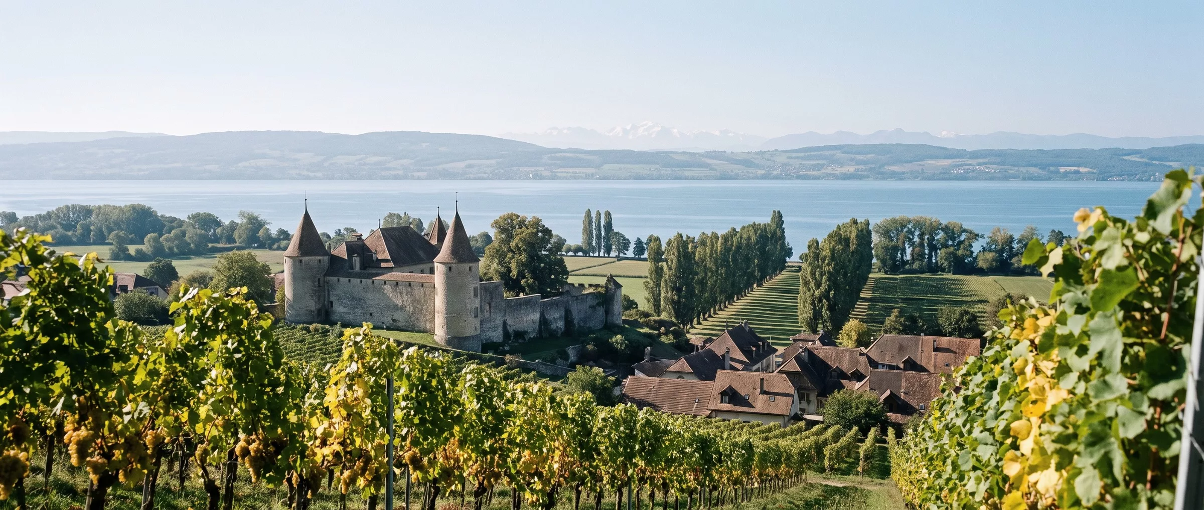 Le château de Colombier au-dessus des toits du village et des vignes en septembre, avec les allées d’arbres qui descendent vers le lac de Neuchâtel.