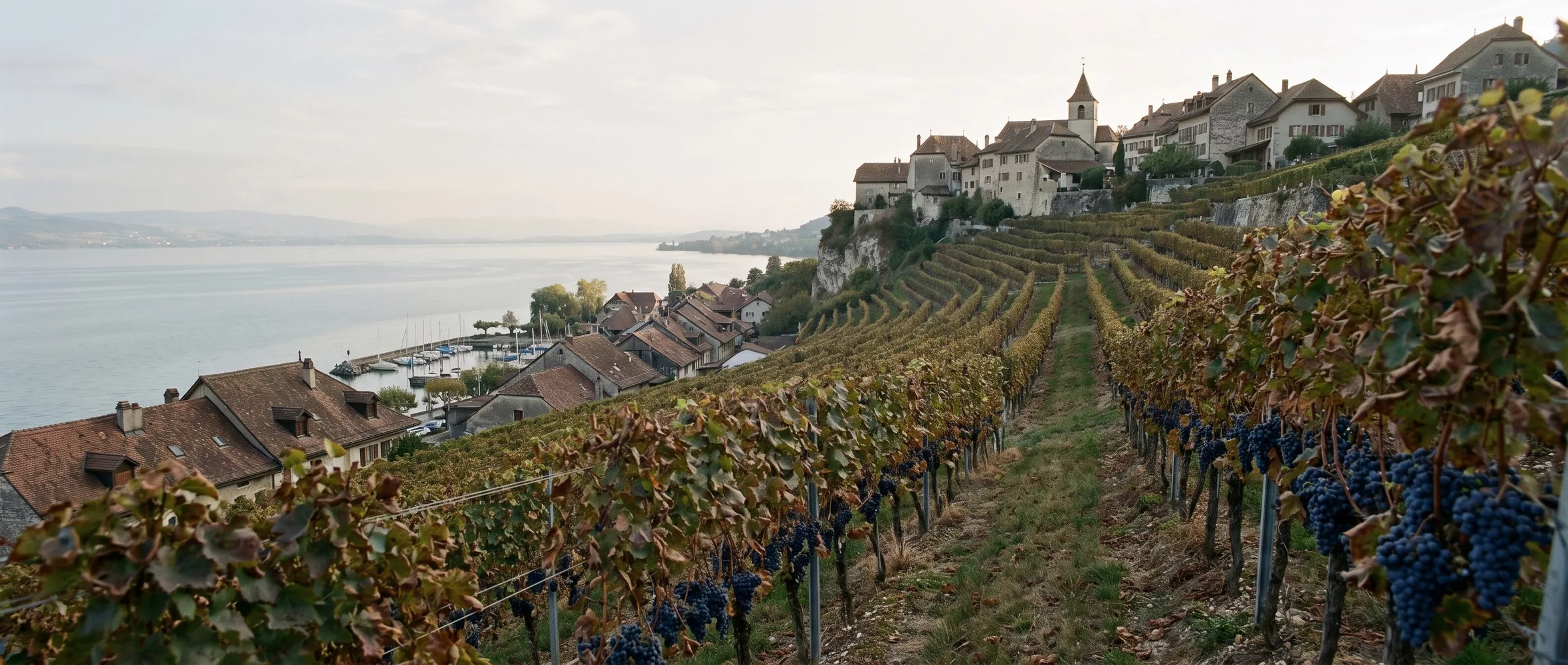 Grappes de pinot noir mûres sur les vignes en pente de Cortaillod en septembre, avec le vieux village au-dessus et le lac de Neuchâtel en contrebas.