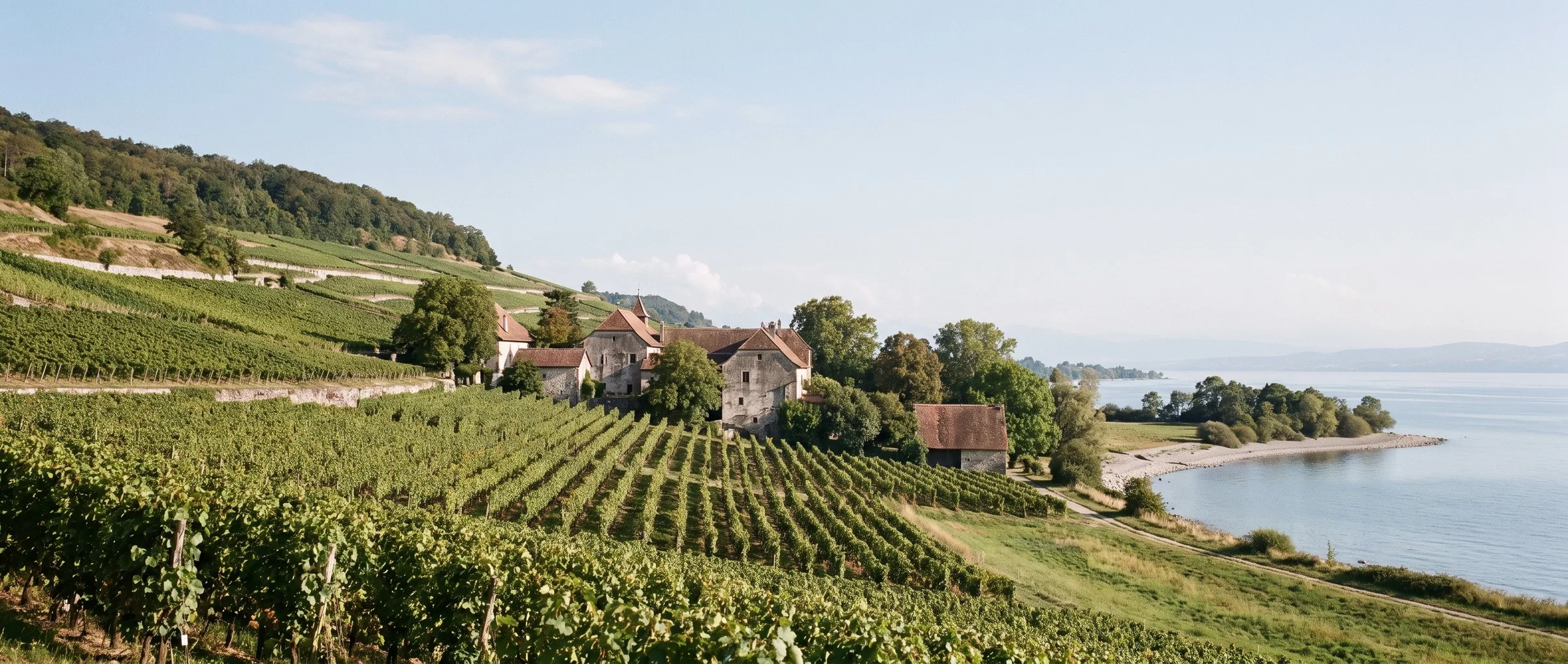 Les vignes de Bevaix descendant vers le lac de Neuchâtel en septembre, avec les bâtiments de l’ancienne abbaye au milieu du coteau et la presqu’île de galets de la Pointe du Grain.