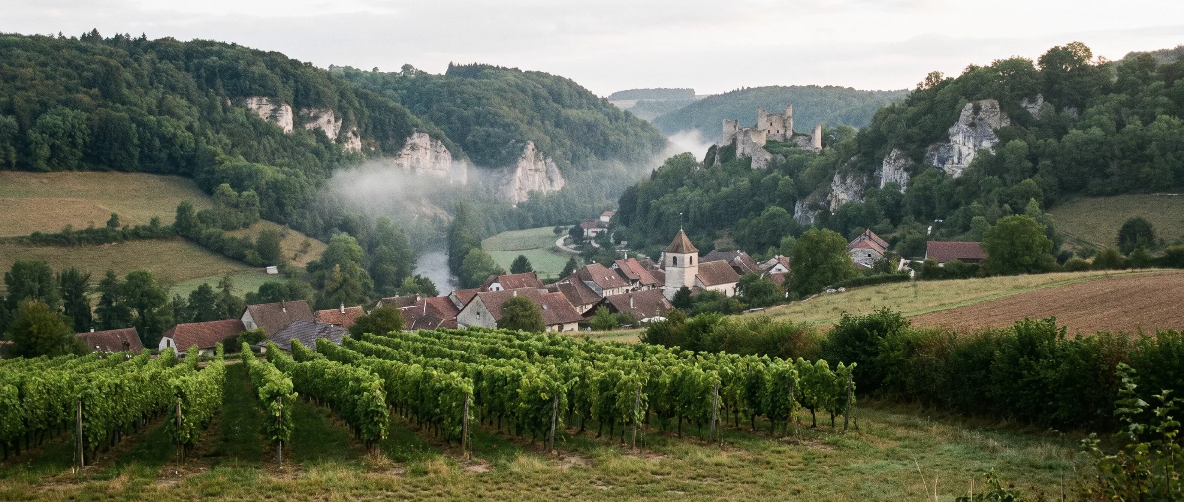 Des rangs de vigne sur une pente douce à la sortie de Soyhières, champs et forêts de la vallée de la Birse autour, falaises calcaires du Vorbourg au loin, mi-septembre.