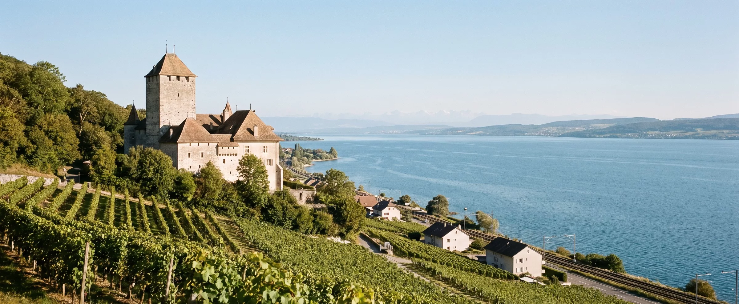 Le château de Vaumarcus au-dessus de vignes en terrasses tournées vers le lac de Neuchâtel, le petit village en contrebas et les Alpes au loin, mi-septembre.