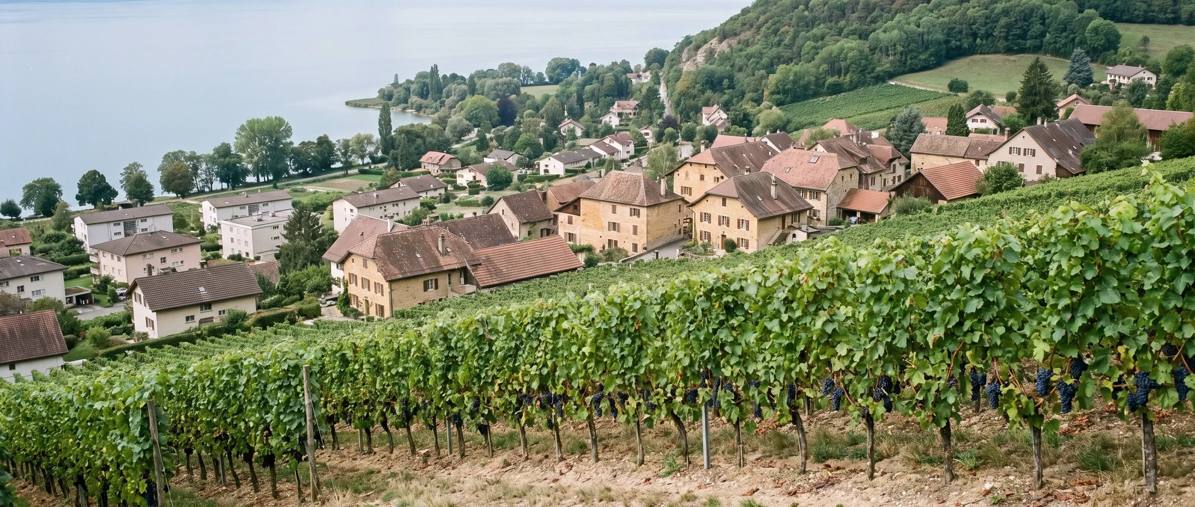 Rangs de pinot noir au-dessus d’Hauterive en septembre, avec les maisons de pierre jaune du village et le lac de Neuchâtel en contrebas.