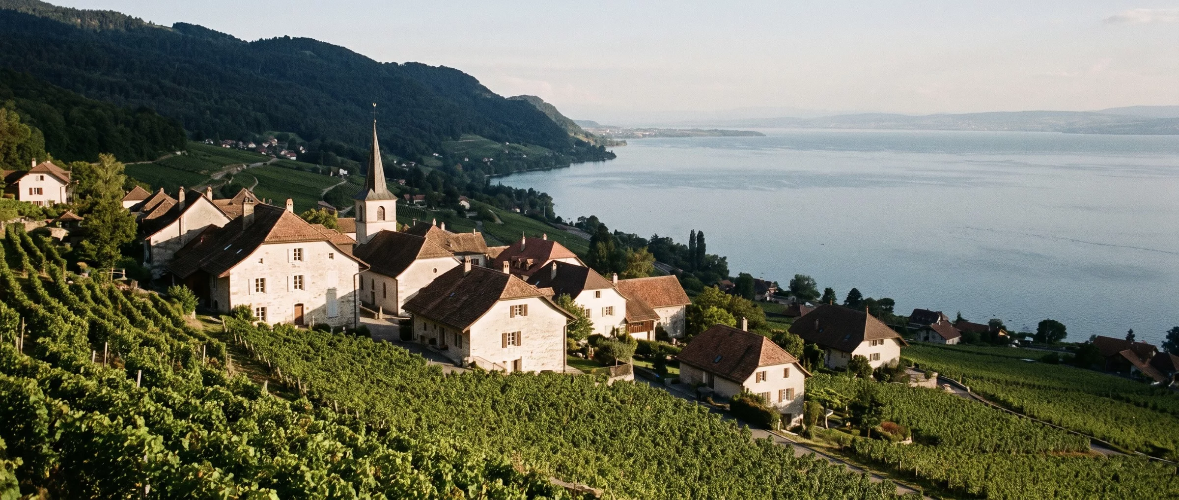 Le village d’Auvernier et ses maisons de pierre jaune au milieu des vignes, le lac de Neuchâtel en contrebas