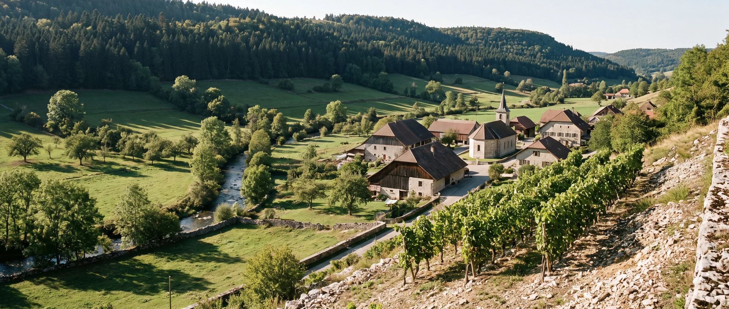 Le village de Vermes dans un vallon du Val Terbi, prés, vergers et quelques rangs de vigne sur un coteau ensoleillé, forêts du Mont Raimeux au-dessus, mi-septembre.