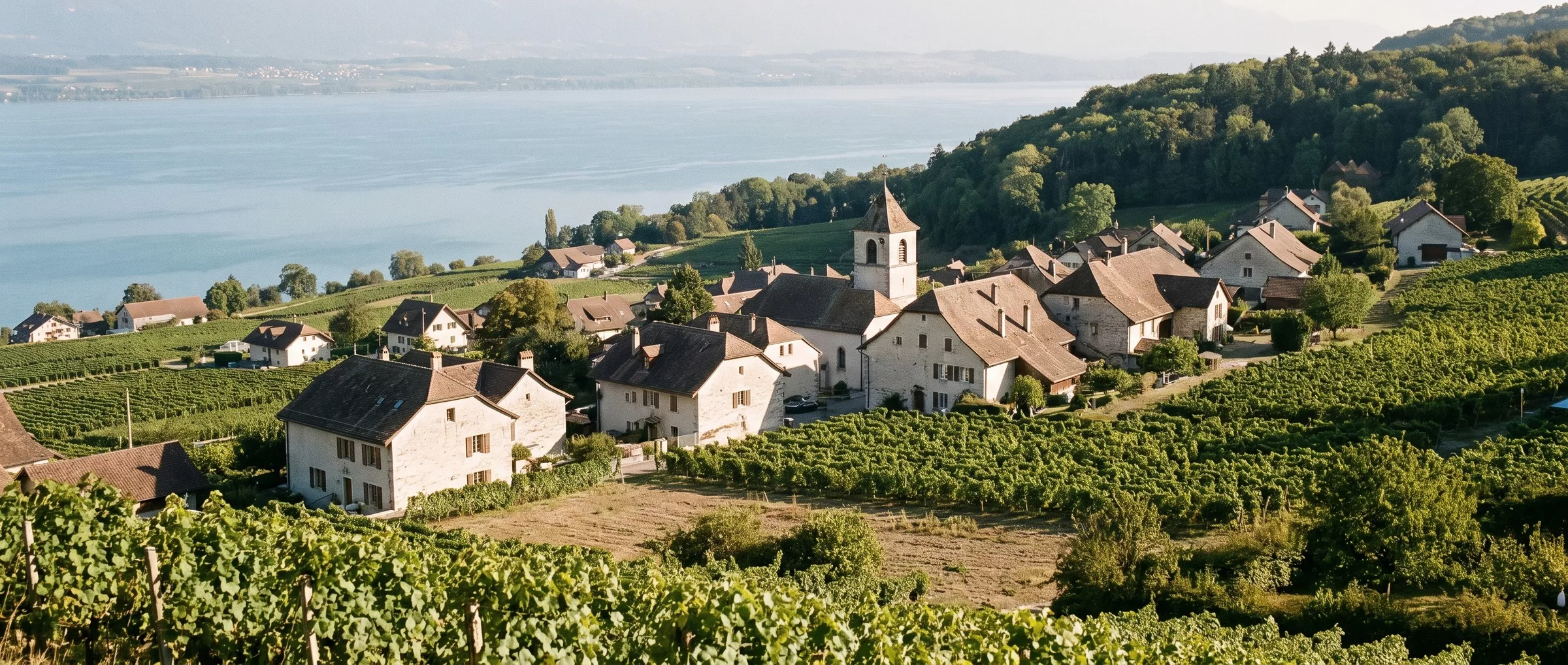 Le village de Cressier et ses vignes au pied du premier gradin du Jura, à l’est du Littoral neuchâtelois