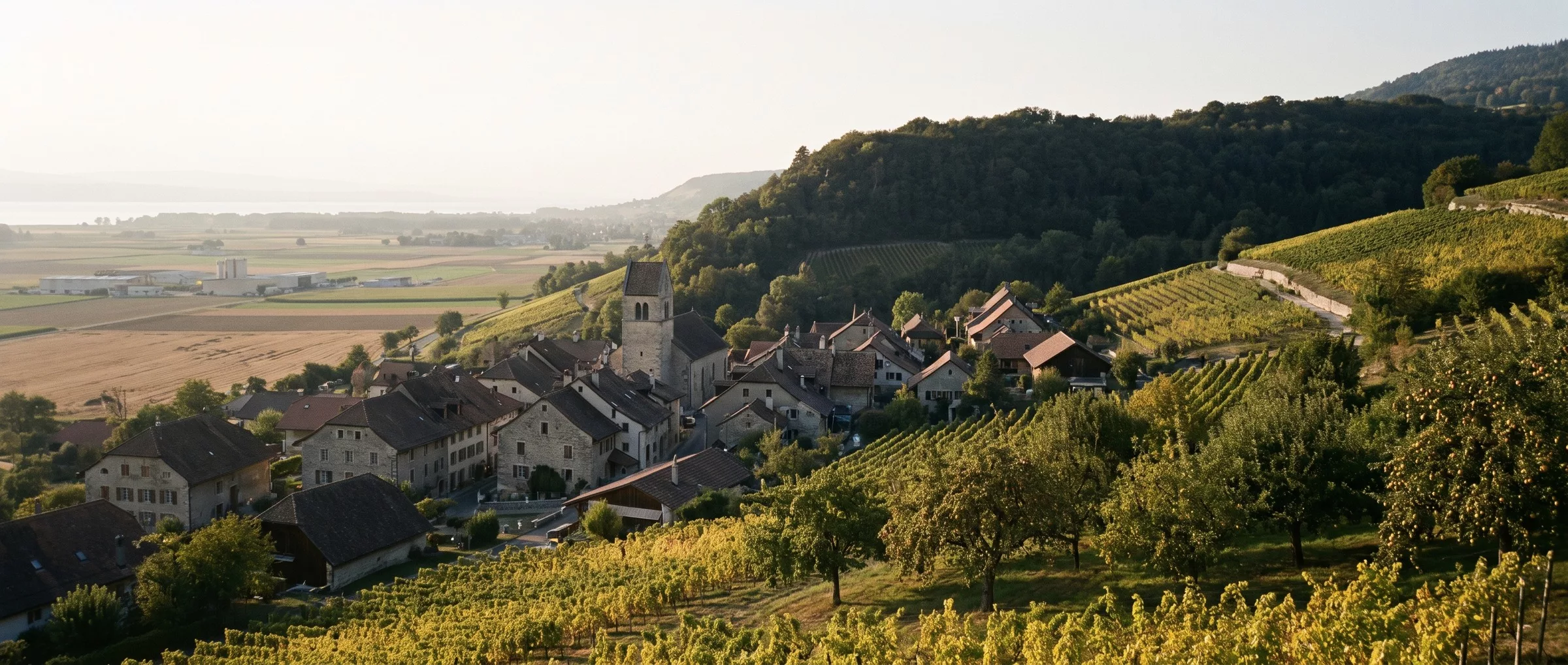 Le village de Cornaux entouré de vignes et de vergers au pied du Jura en septembre, avec la plaine de l’Entre-deux-Lacs qui s’étend vers le sud.