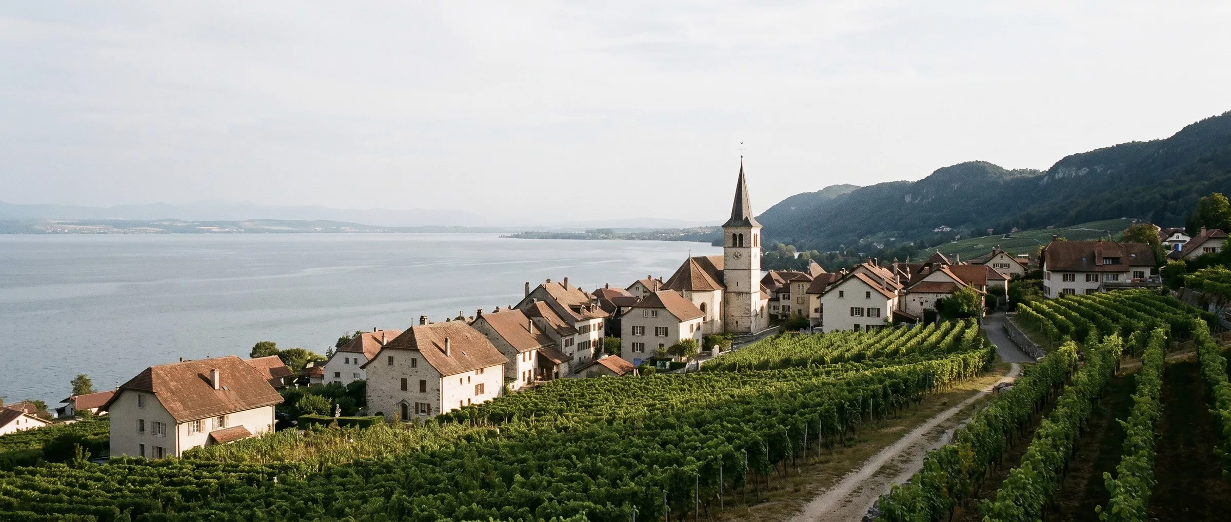 Les vignes des coteaux de Neuchâtel au-dessus du lac, la ville de pierre jaune et le château en arrière-plan