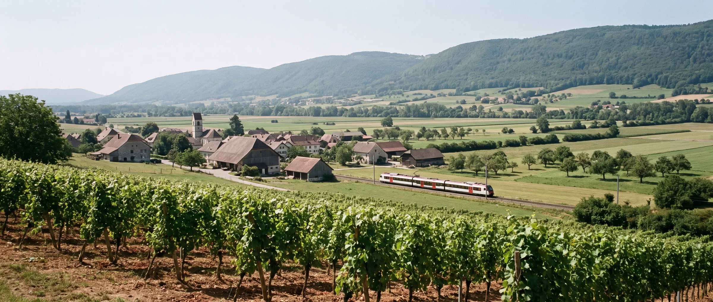 Le village de Courtételle dans la large vallée de la Sorne, champs et prés autour, quelques rangs de vigne sur une pente douce et collines boisées du Jura à l’horizon, mi-septembre.